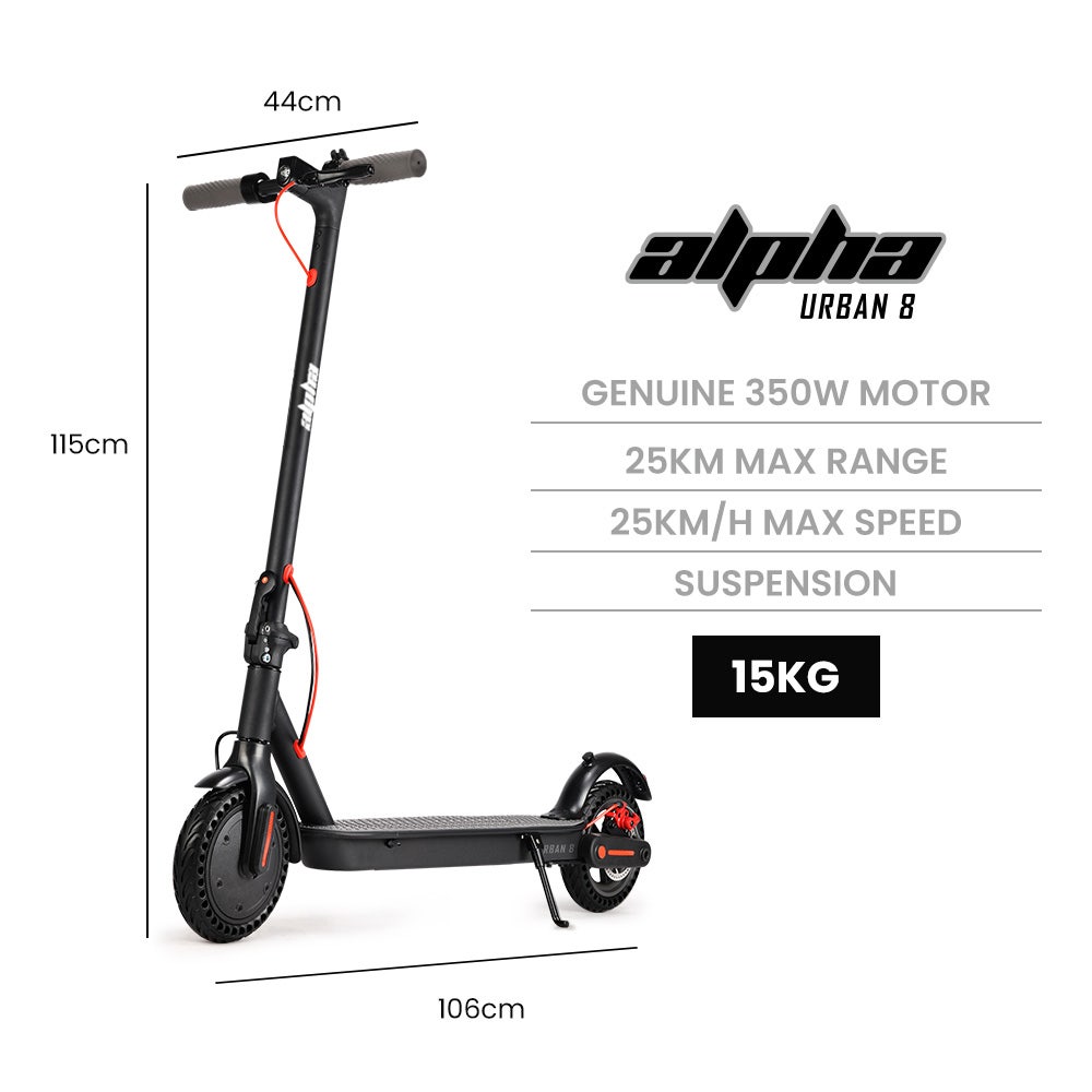 ALPHA Urban 8 Electric Scooter, AU Compliant, Suspension, 25km Range, 8.5-Inch Wheels, Brushless Motor, Motorised Commuter eScooter for Adults, Black