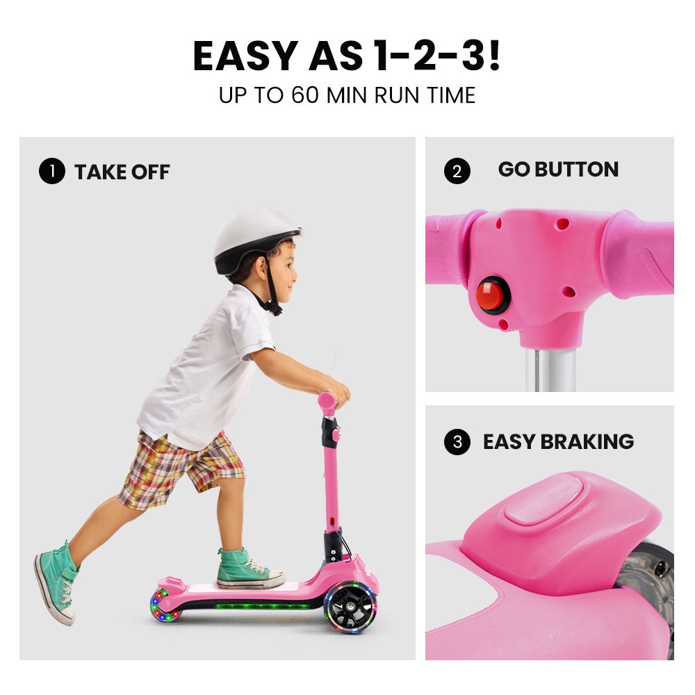 3-Wheel Electric Scooter , Ages 3-8, Adjustable Height, AU Compliant, Lithium Battery, Pink