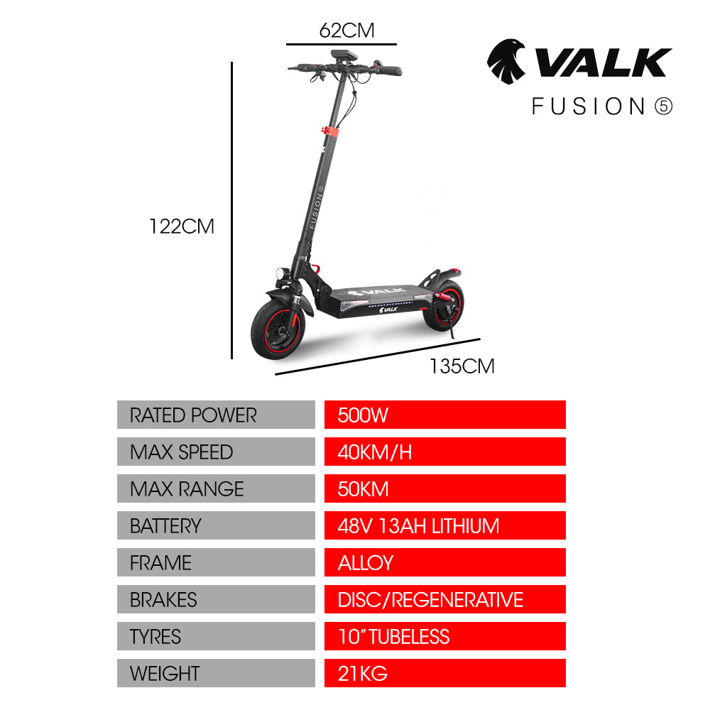 VALK Fusion 5 Electric Scooter, 500W 48V 13Ah Lithium 50km Range 40km/h Quad Shocks 10 inch Tyres,