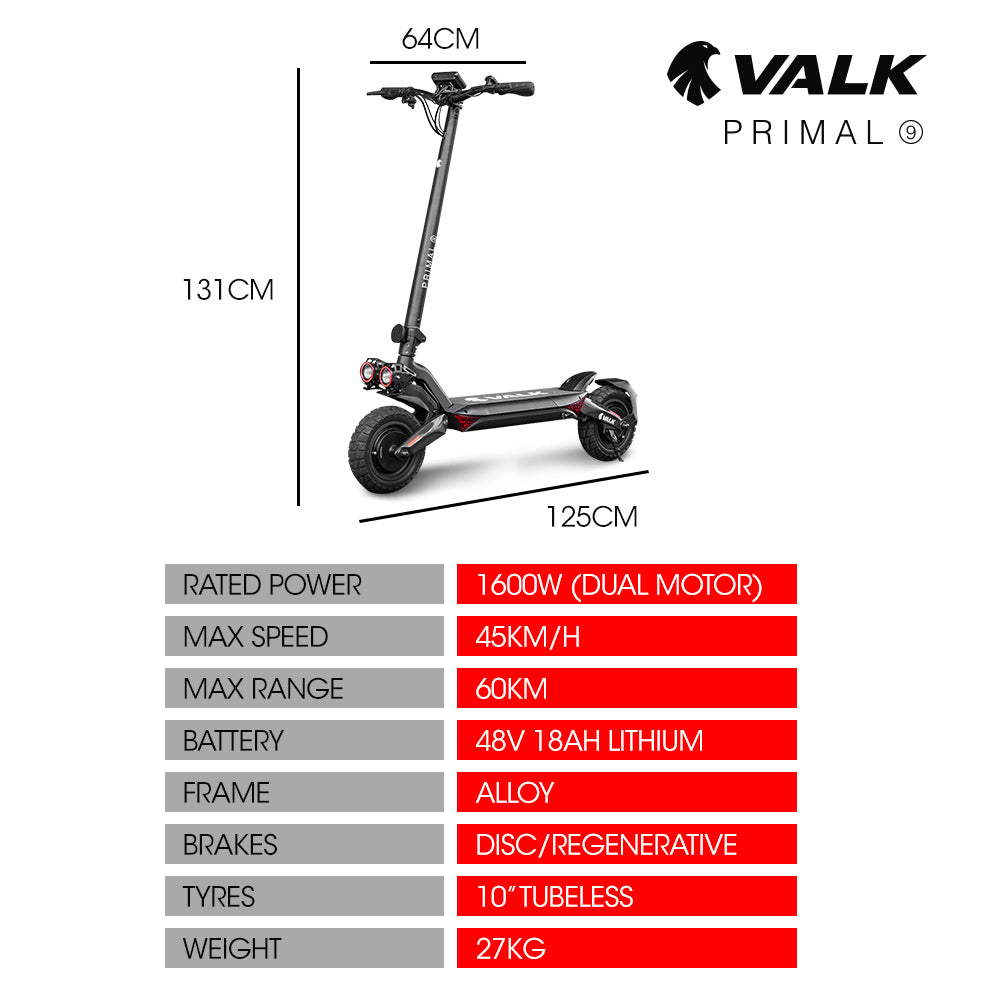 VALK Primal 9 Dual Motor 1600W Extreme Hill Climbing e-Scooter Electric, Black