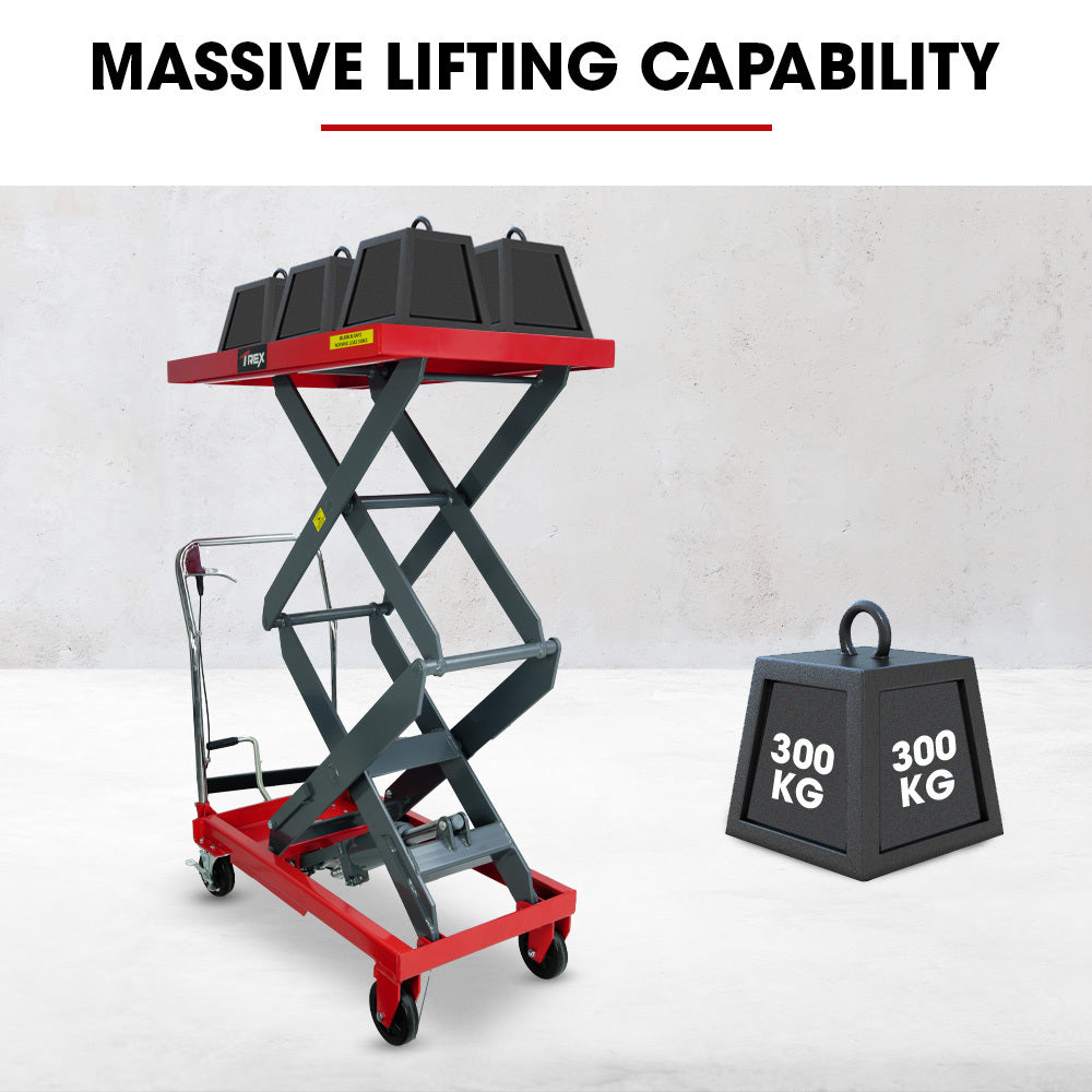 300KG Hydraulic High Lift Double Scissor Trolley, 1.3M Max Platform Hgt, Heavy-Duty, for Material Handling
