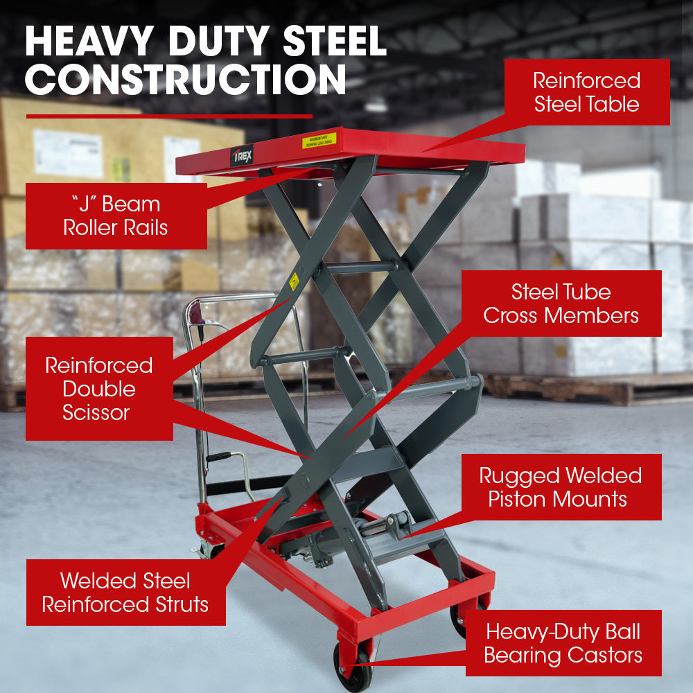 300KG Hydraulic High Lift Double Scissor Trolley, 1.3M Max Platform Hgt, Heavy-Duty, for Material Handling