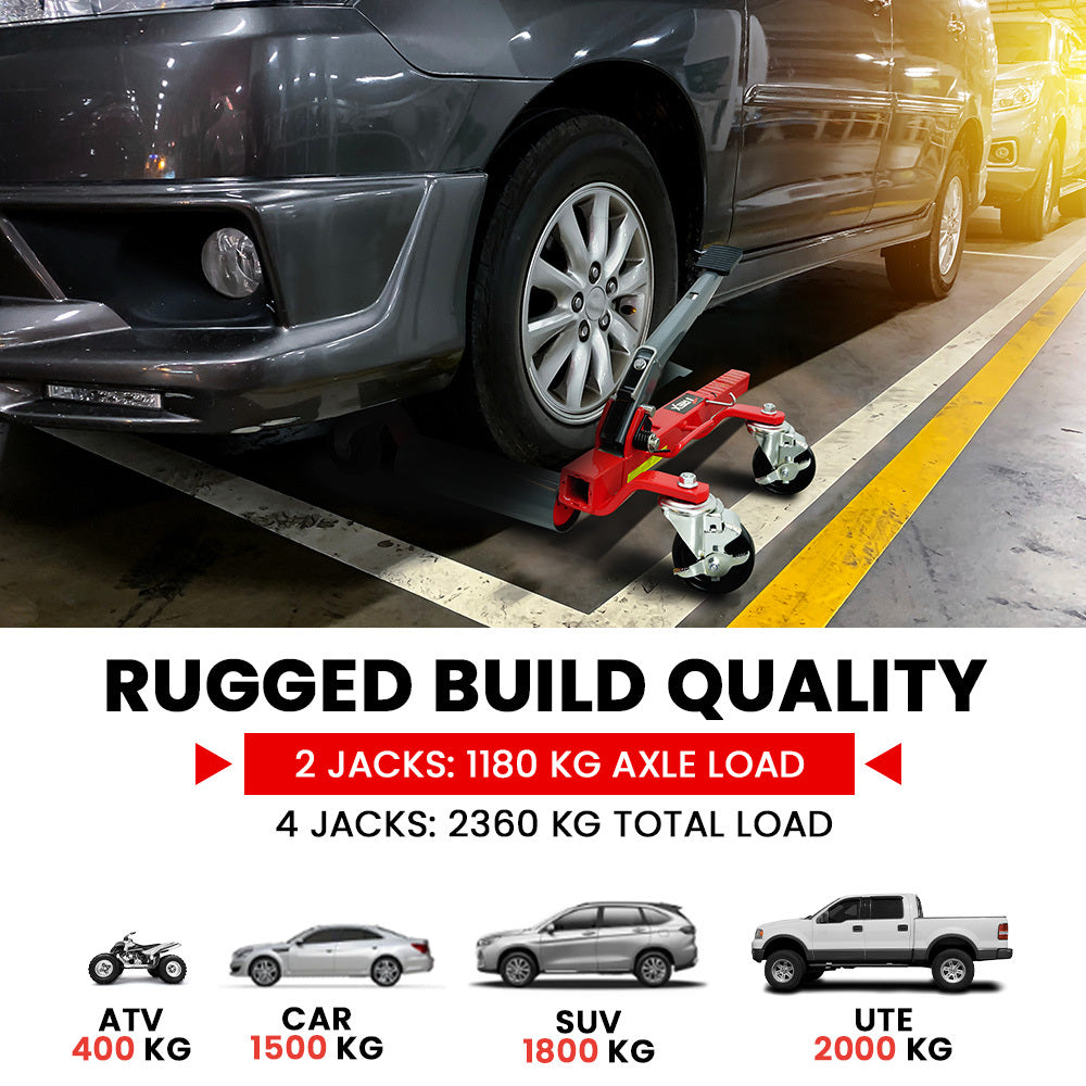 1180kg Set of 2 Vehicle Positioning Jacks, Mechanical Ratcheting Foot Pedal Wheel Dolly For Auto Car Moving