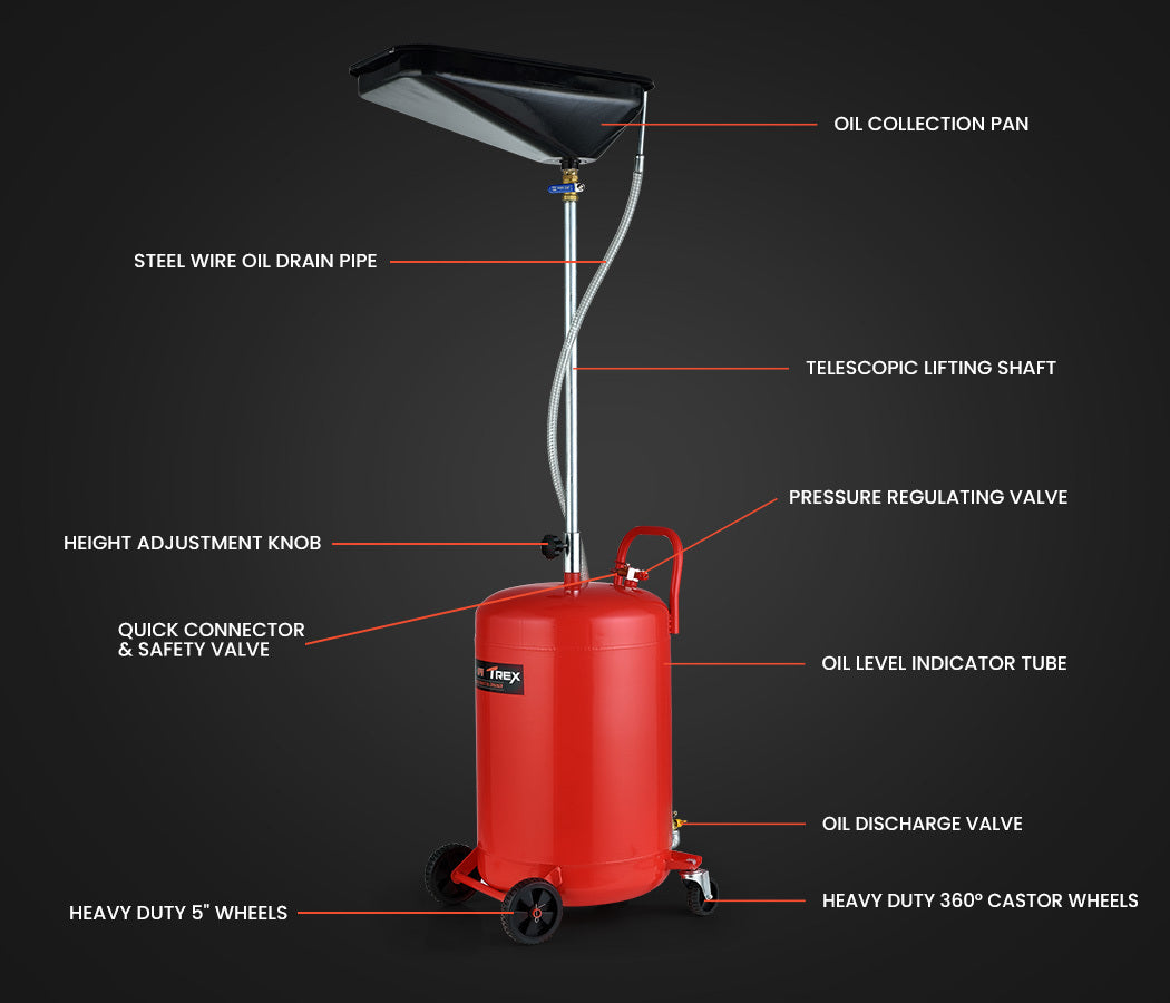 80L Mobile Waste Oil Drainer, Telescopic, with Air Compressor Fitting, for Workshop