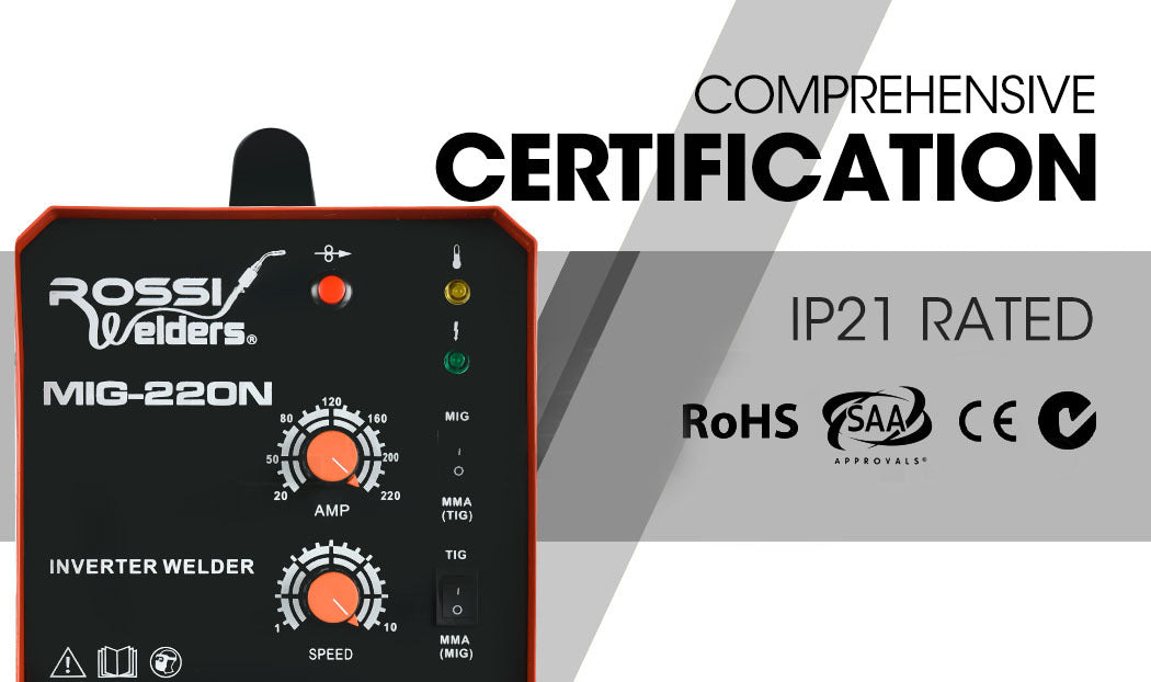 ROSSI 220 Amp MIG MMA TIG Welder, 3in1 Multi-process Portable Inverter Gas Gasless Stick Welding Machine, 15A Plug