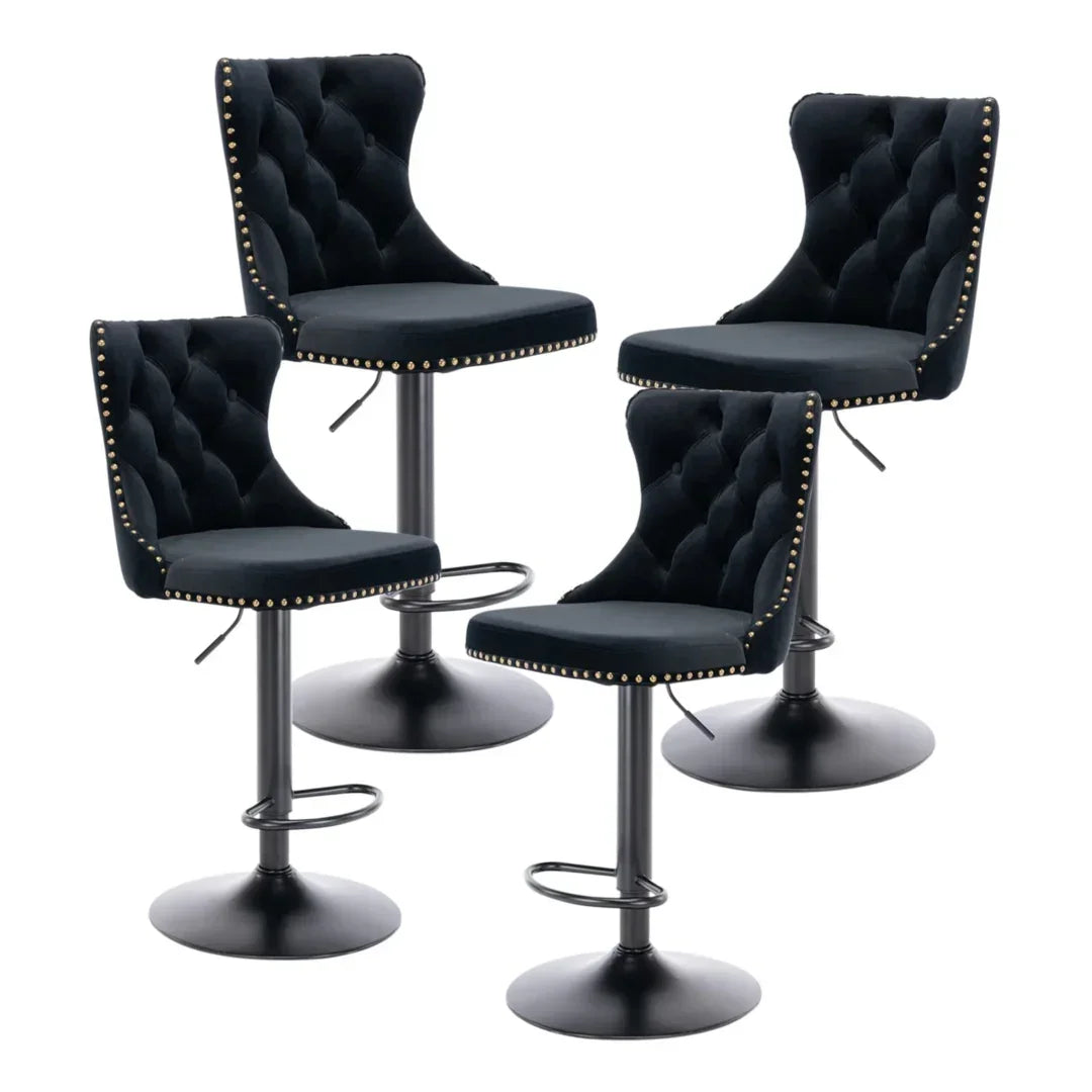 Velvet Bar Stools – Adjustable Height 63–84cm, Tufted Back, Black (Set of 4)