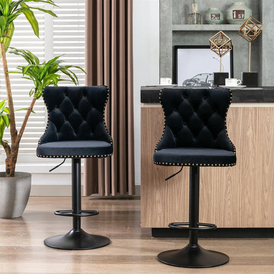 Velvet Bar Stools – Adjustable Height 63–84cm, Tufted Back, Black (Set of 4)