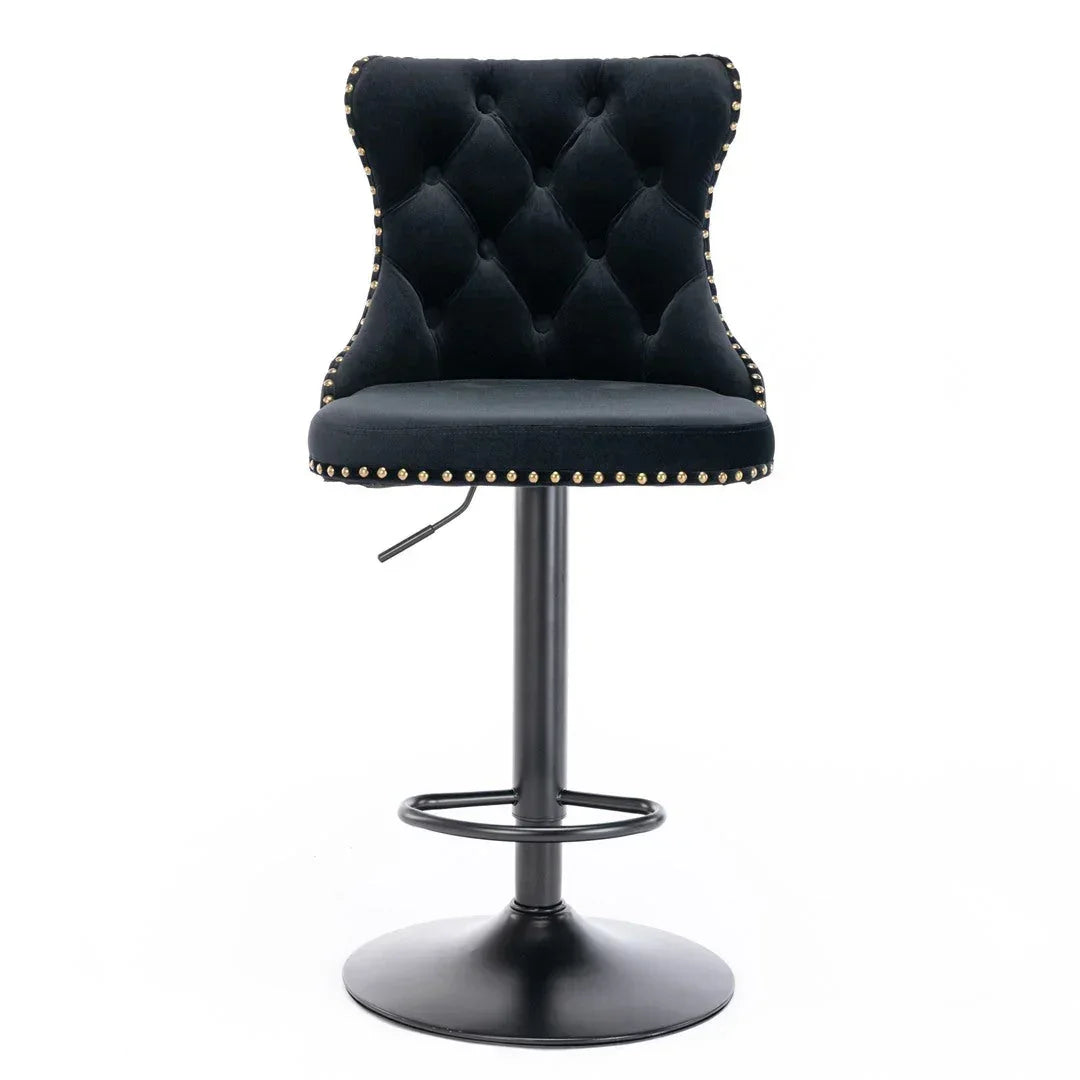 Velvet Bar Stools – Adjustable Height 63–84cm, Tufted Back, Black (Set of 4)