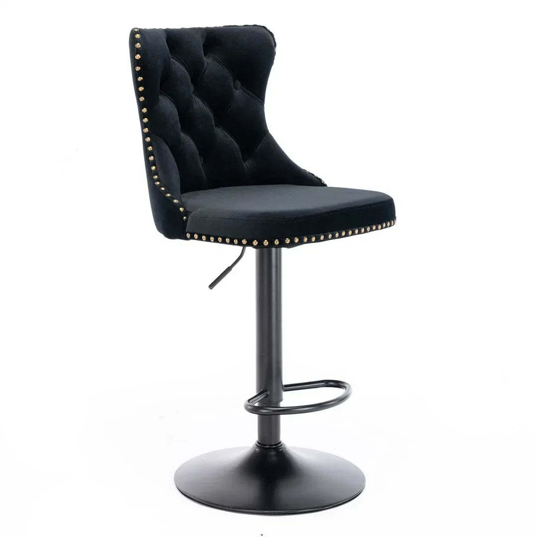 Velvet Bar Stools – Adjustable Height 63–84cm, Tufted Back, Black (Set of 4)