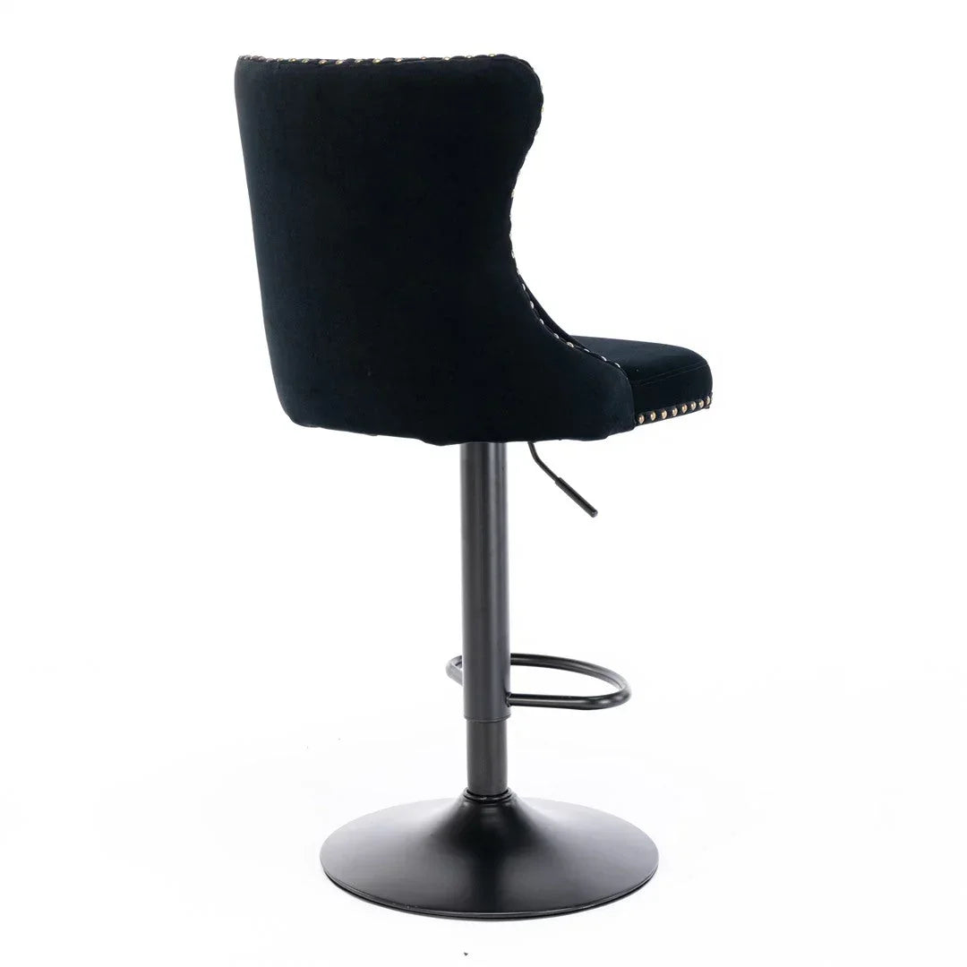 Velvet Bar Stools – Adjustable Height 63–84cm, Tufted Back, Black (Set of 4)