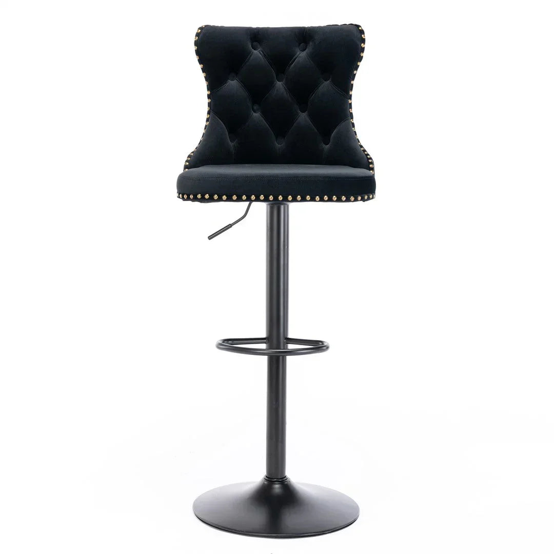 Velvet Bar Stools – Adjustable Height 63–84cm, Tufted Back, Black (Set of 4)