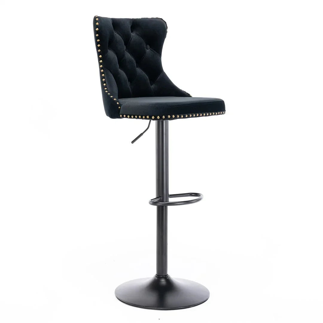 Velvet Bar Stools – Adjustable Height 63–84cm, Tufted Back, Black (Set of 4)