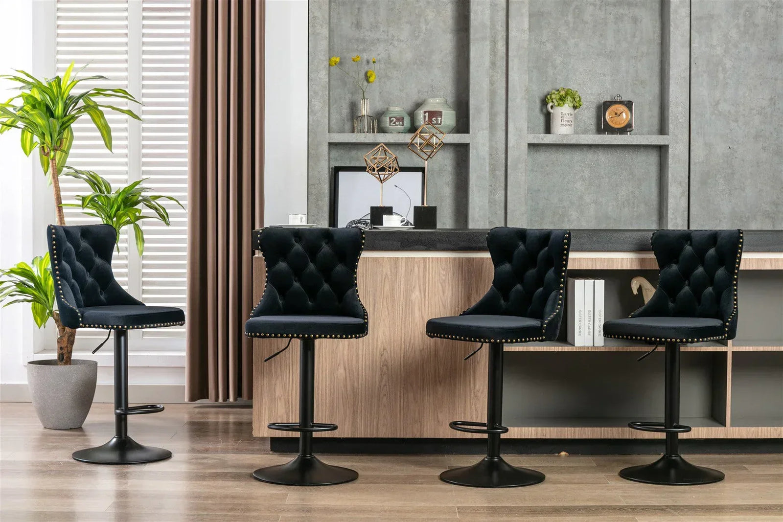 Velvet Bar Stools – Adjustable Height 63–84cm, Tufted Back, Black (Set of 4)