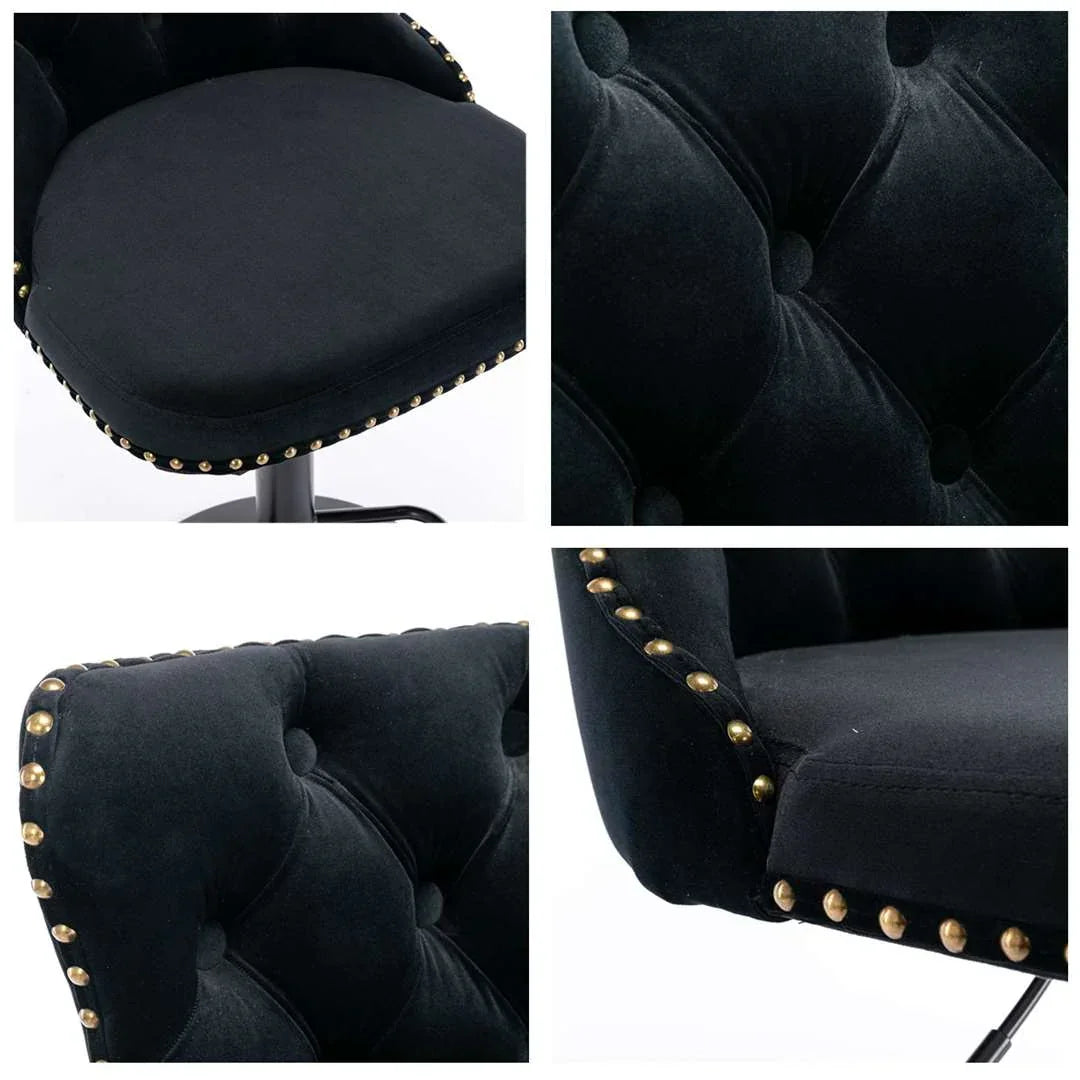 Velvet Bar Stools – Adjustable Height 63–84cm, Tufted Back, Black (Set of 4)