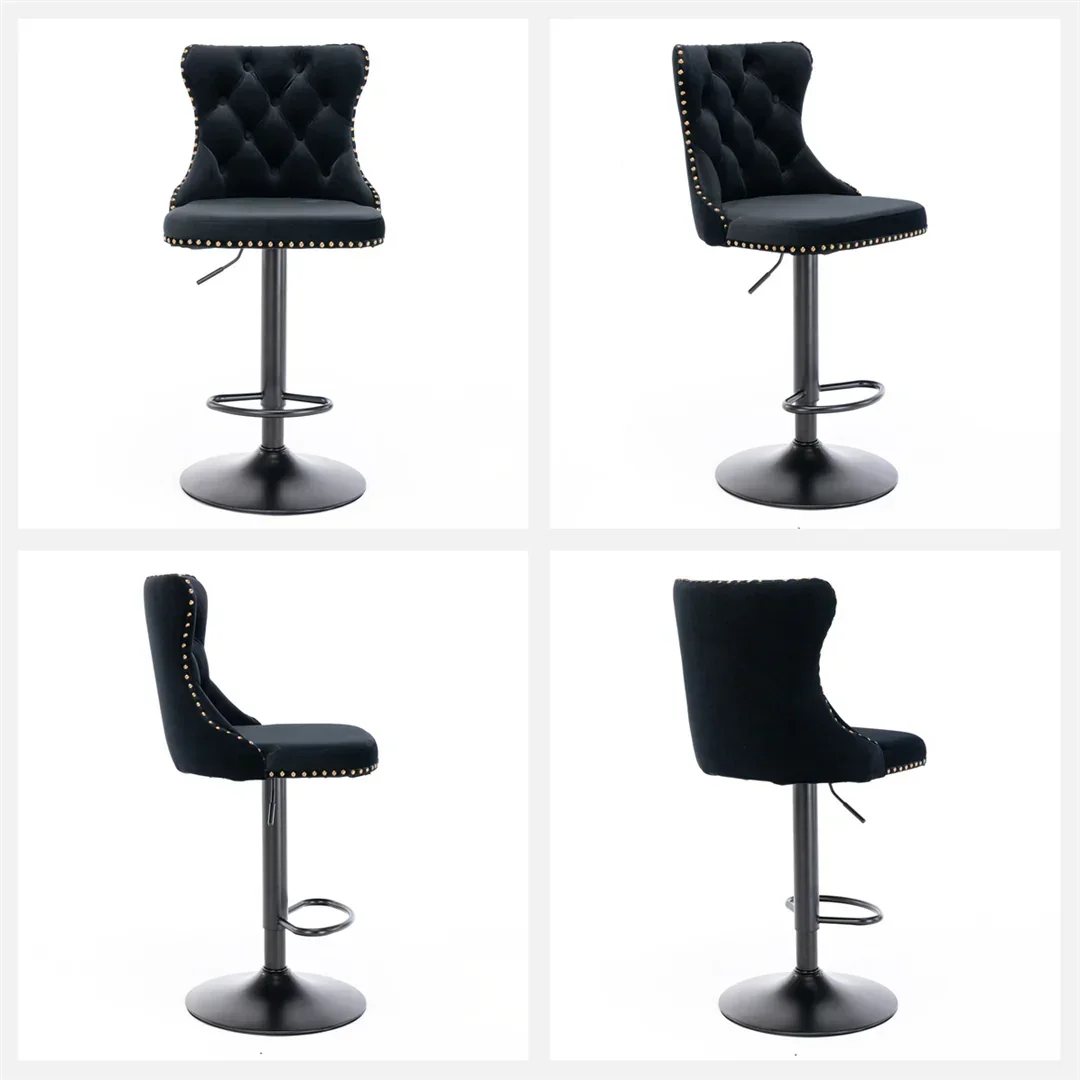 Velvet Bar Stools – Adjustable Height 63–84cm, Tufted Back, Black (Set of 2)