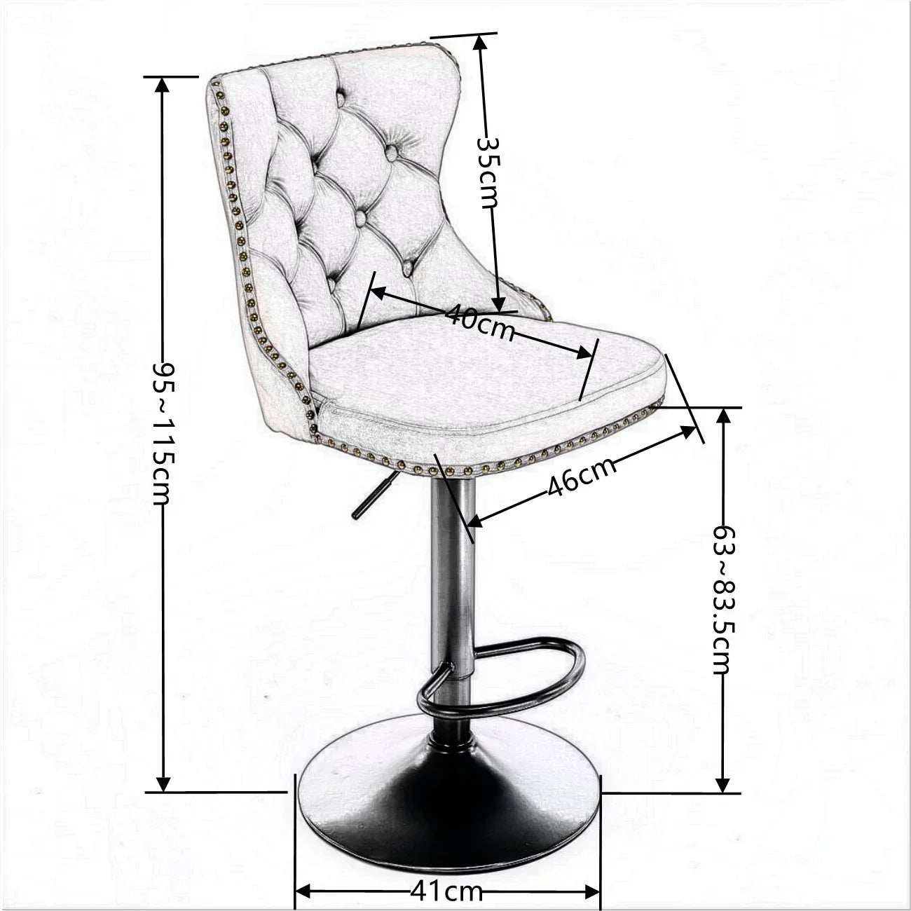 Velvet Bar Stools – Adjustable Height 63–84cm, Tufted Back, Black (Set of 2)