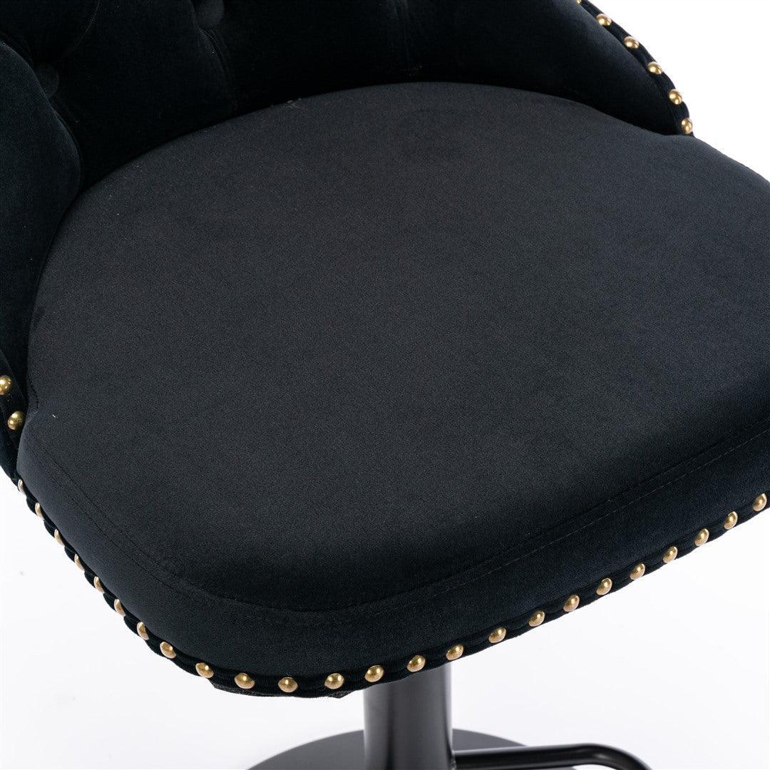 Velvet Bar Stools – Adjustable Height 63–84cm, Tufted Back, Black (Set of 2)
