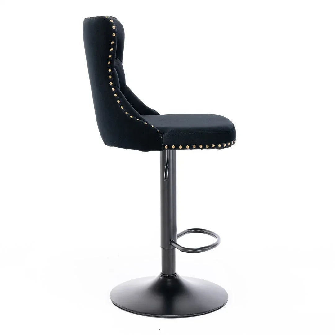 Velvet Bar Stools – Adjustable Height 63–84cm, Tufted Back, Black (Set of 2)