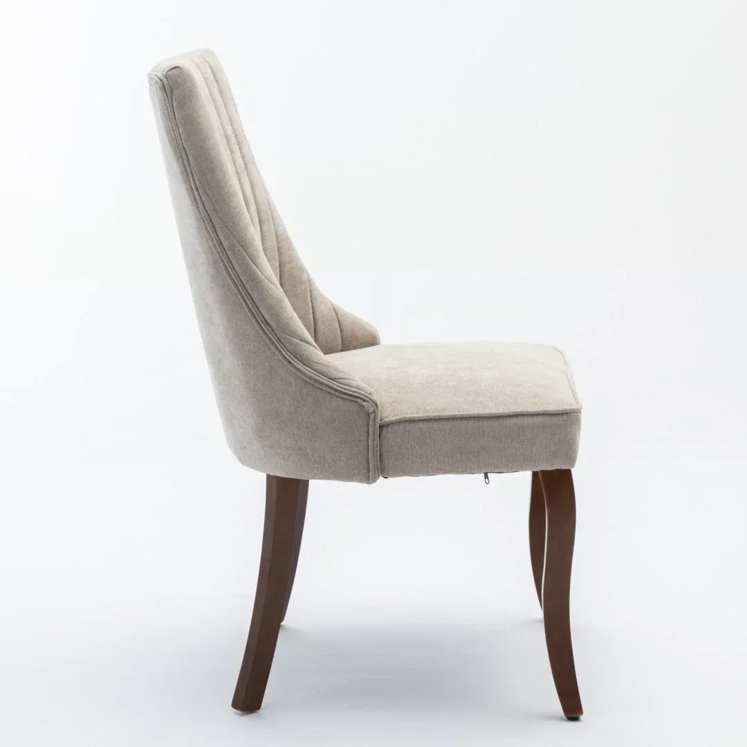 2x Fabric Channel Tufted Dining Chairs with Curved Wood Legs -Beige