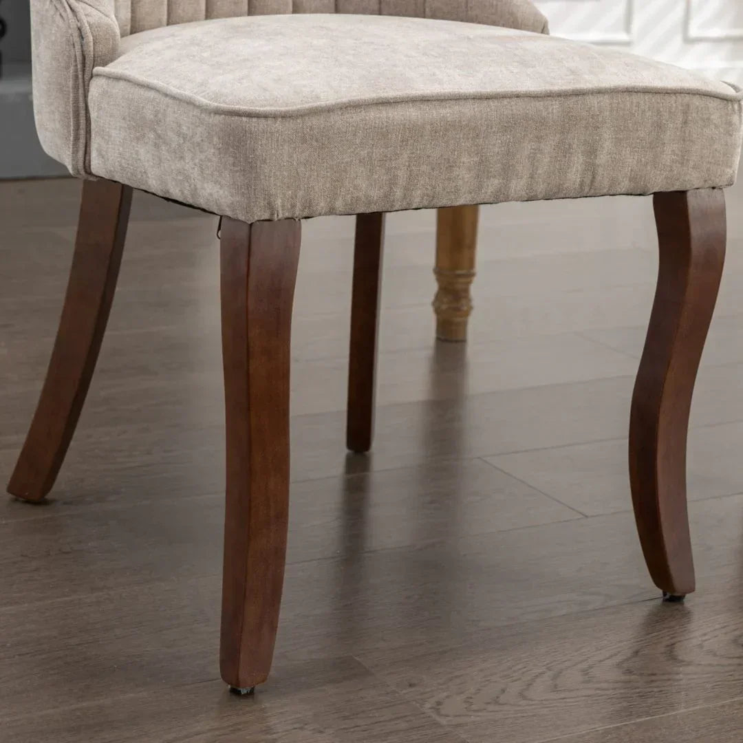 2x Fabric Channel Tufted Dining Chairs with Curved Wood Legs -Beige
