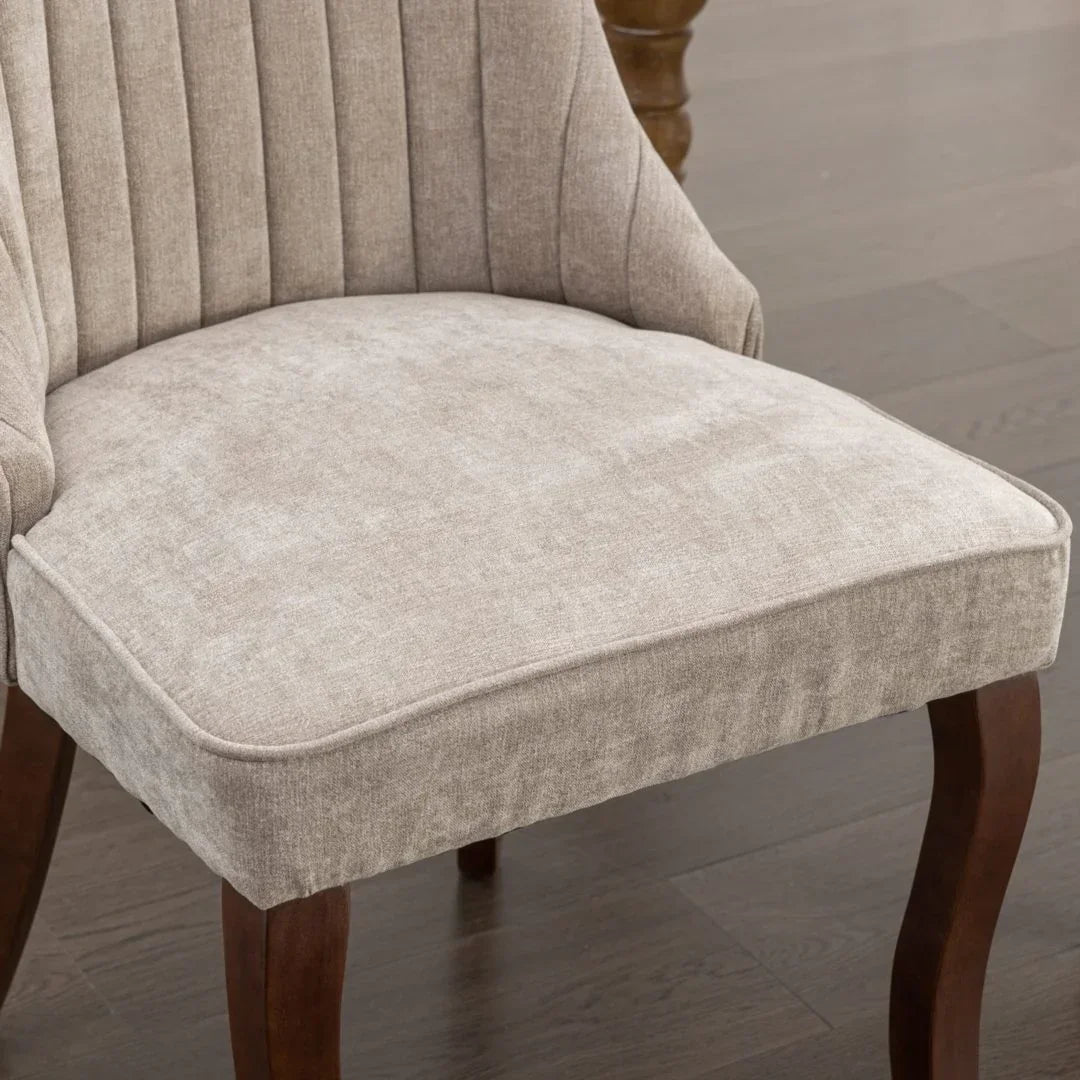 2x Fabric Channel Tufted Dining Chairs with Curved Wood Legs -Beige