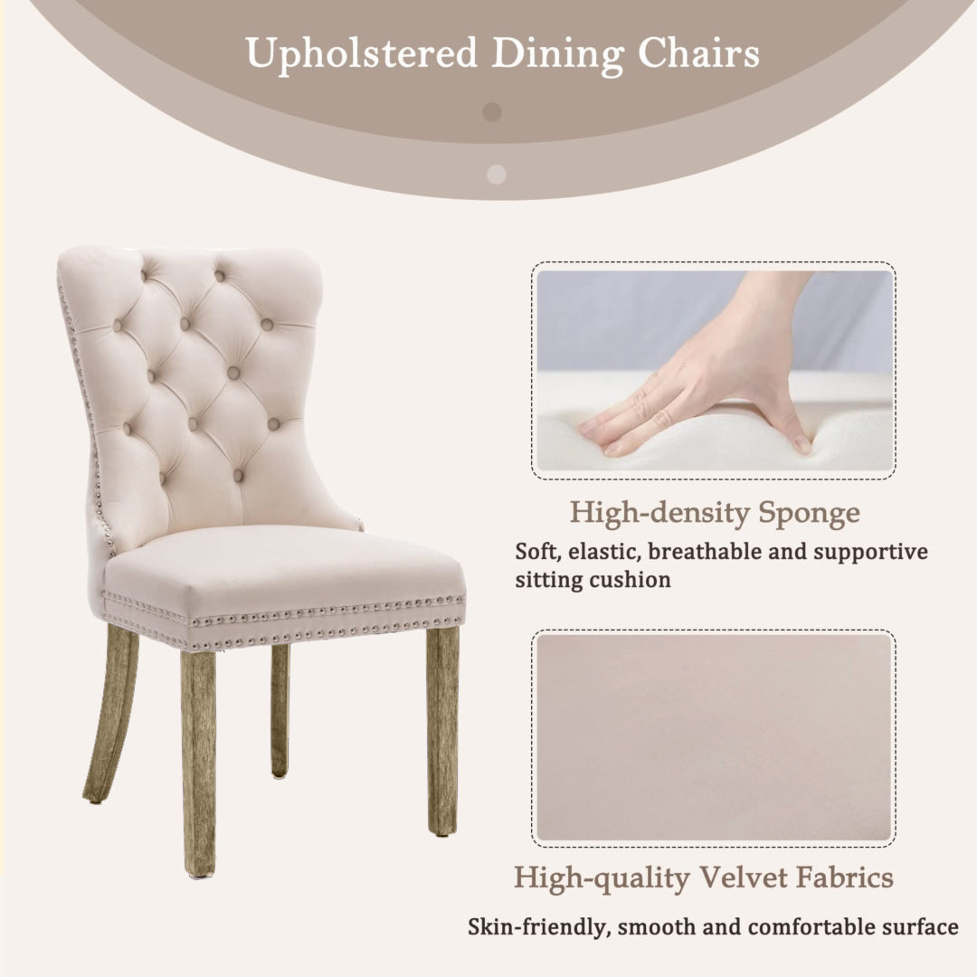 8x Velvet Dining Chairs Upholstered Tufted Kithcen Chair with Solid Wood Legs Stud Trim and Ring-Beige