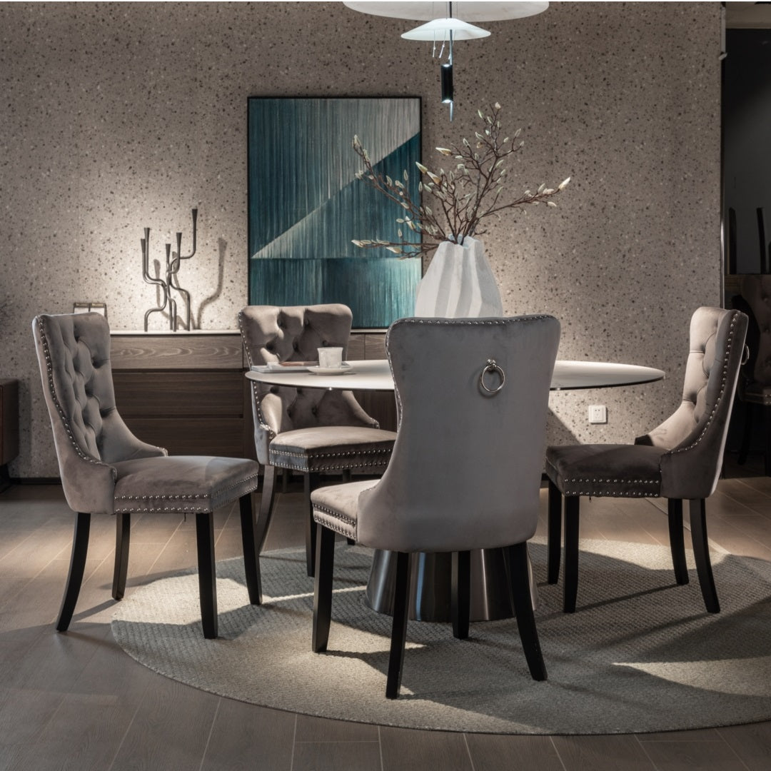 6x Velvet Dining Chairs Upholstered Tufted Kithcen Chair with Solid Wood Legs Stud Trim and Ring-Gray