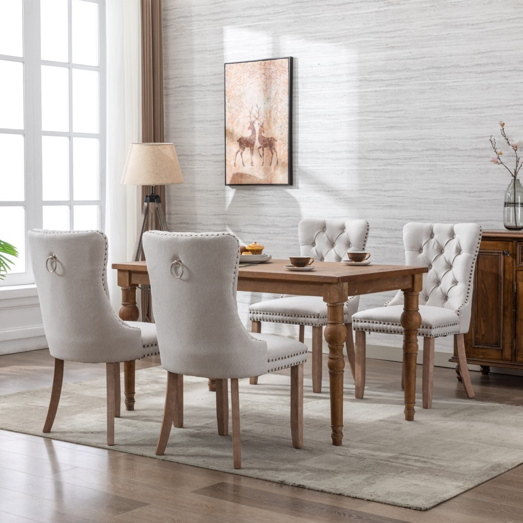 4x AADEN Modern Elegant Button-Tufted Upholstered Fabric with Studs Trim and Wooden legs Dining Side Chair-Beige