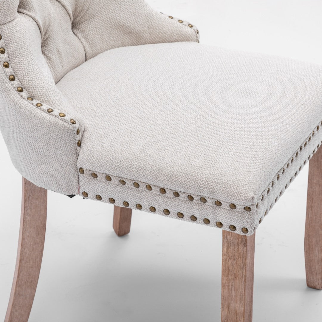 4x AADEN Modern Elegant Button-Tufted Upholstered Fabric with Studs Trim and Wooden legs Dining Side Chair-Beige