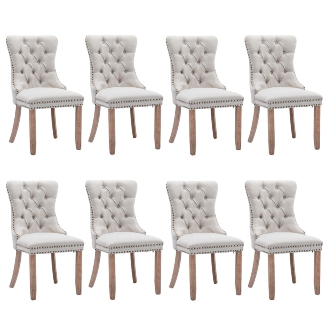 8x AADEN Modern Elegant Button-Tufted Upholstered Fabric with Studs Trim and Wooden legs Dining Side Chair-Beige