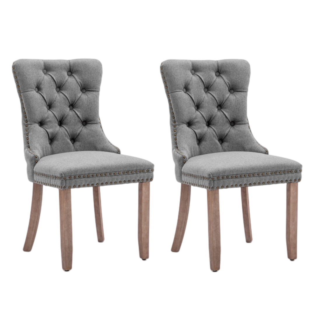 AADEN Modern Elegant Button-Tufted Upholstered Fabric with Studs Trim and Wooden legs Dining Side Chair-Gray