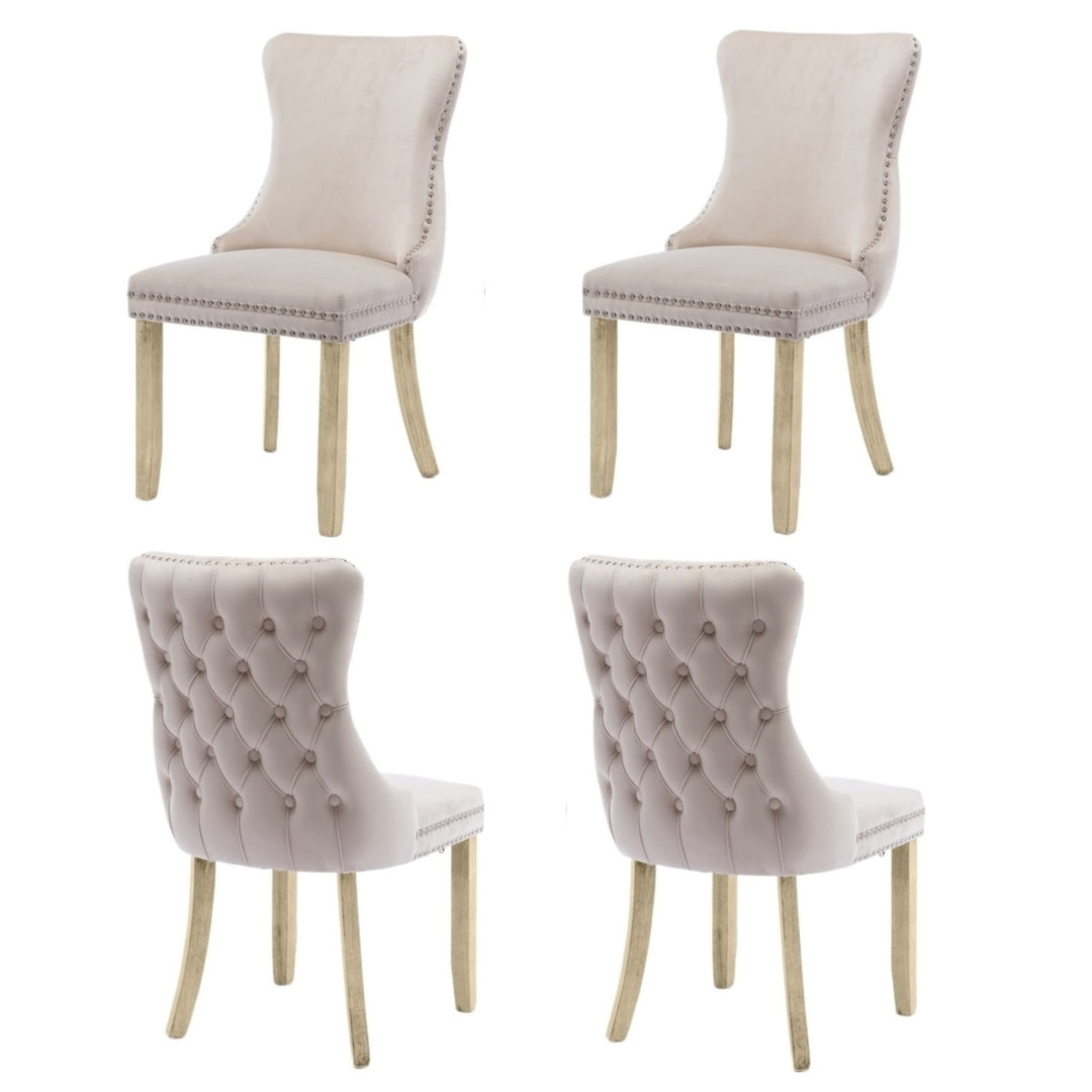 4x Velvet Upholstered Dining Chairs Tufted Wingback Side Chair with Studs Trim Solid Wood Legs for Kitchen