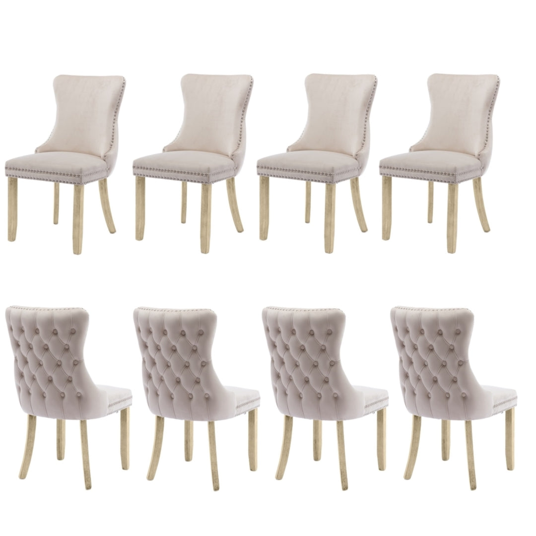 8x Velvet Upholstered Dining Chairs Tufted Wingback Side Chair with Studs Trim Solid Wood Legs for Kitchen