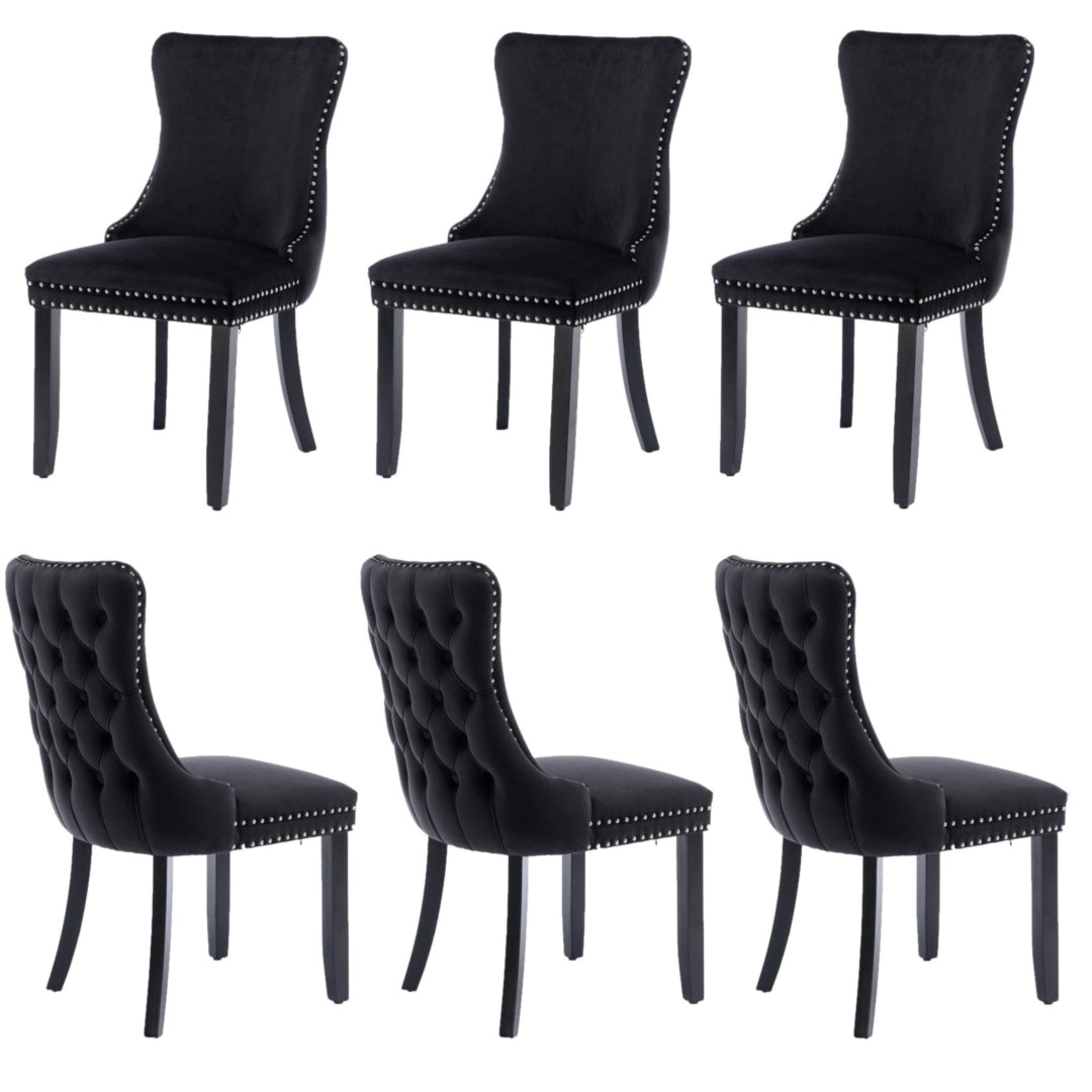 6x Velvet Upholstered Dining Tufted Chairs with Studs Trim and Solid Wood Legs-Black