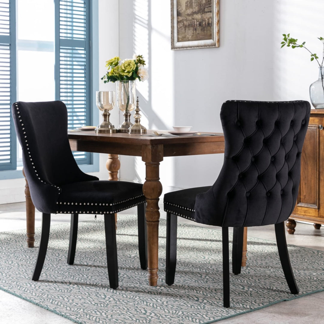 6x Velvet Upholstered Dining Tufted Chairs with Studs Trim and Solid Wood Legs-Black