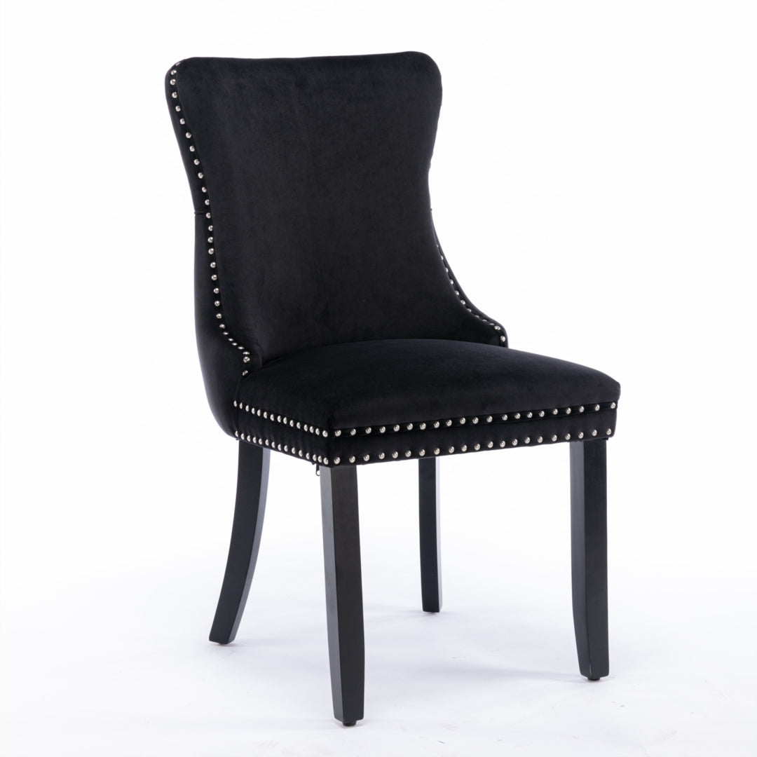 8x Velvet Upholstered Dining Tufted Chairs with Studs Trim and Solid Wood Legs-Black