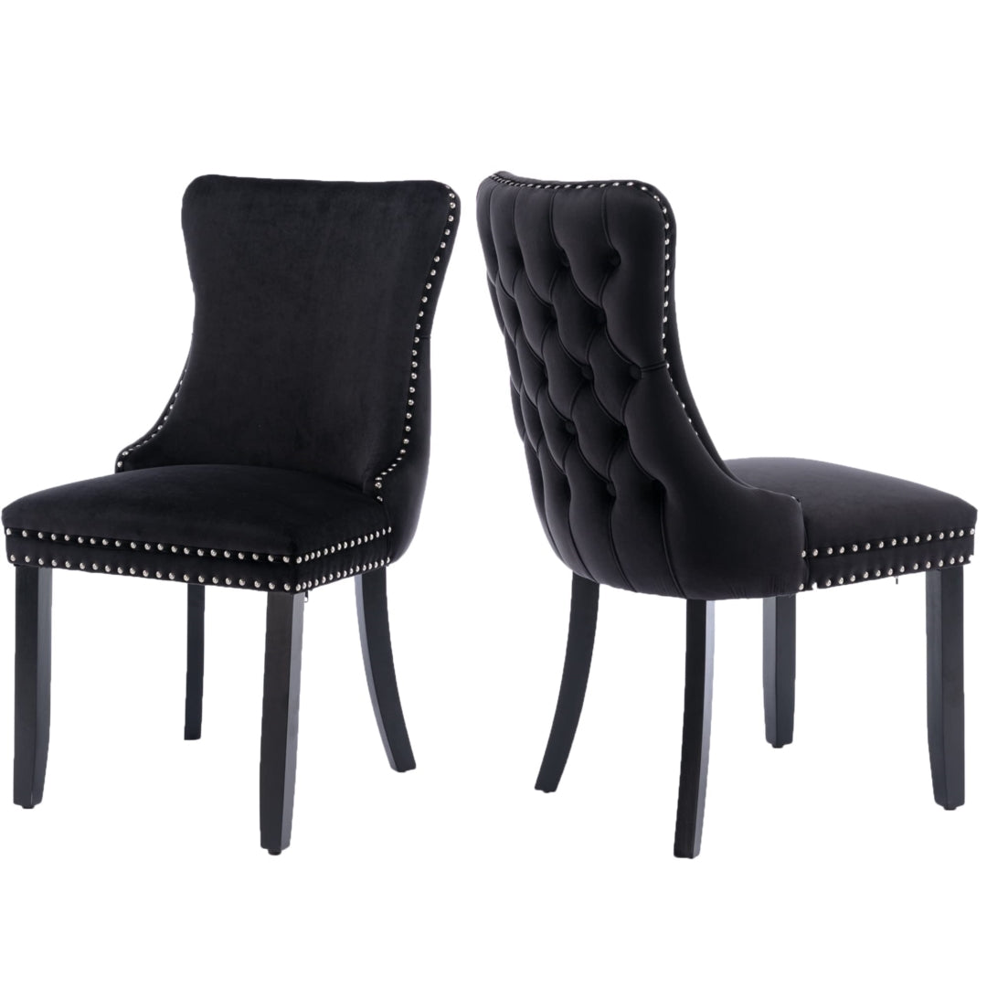 2x Velvet Upholstered Dining Chairs Tufted Wingback Side Chair with Studs Trim Solid Wood Legs for Kitchen