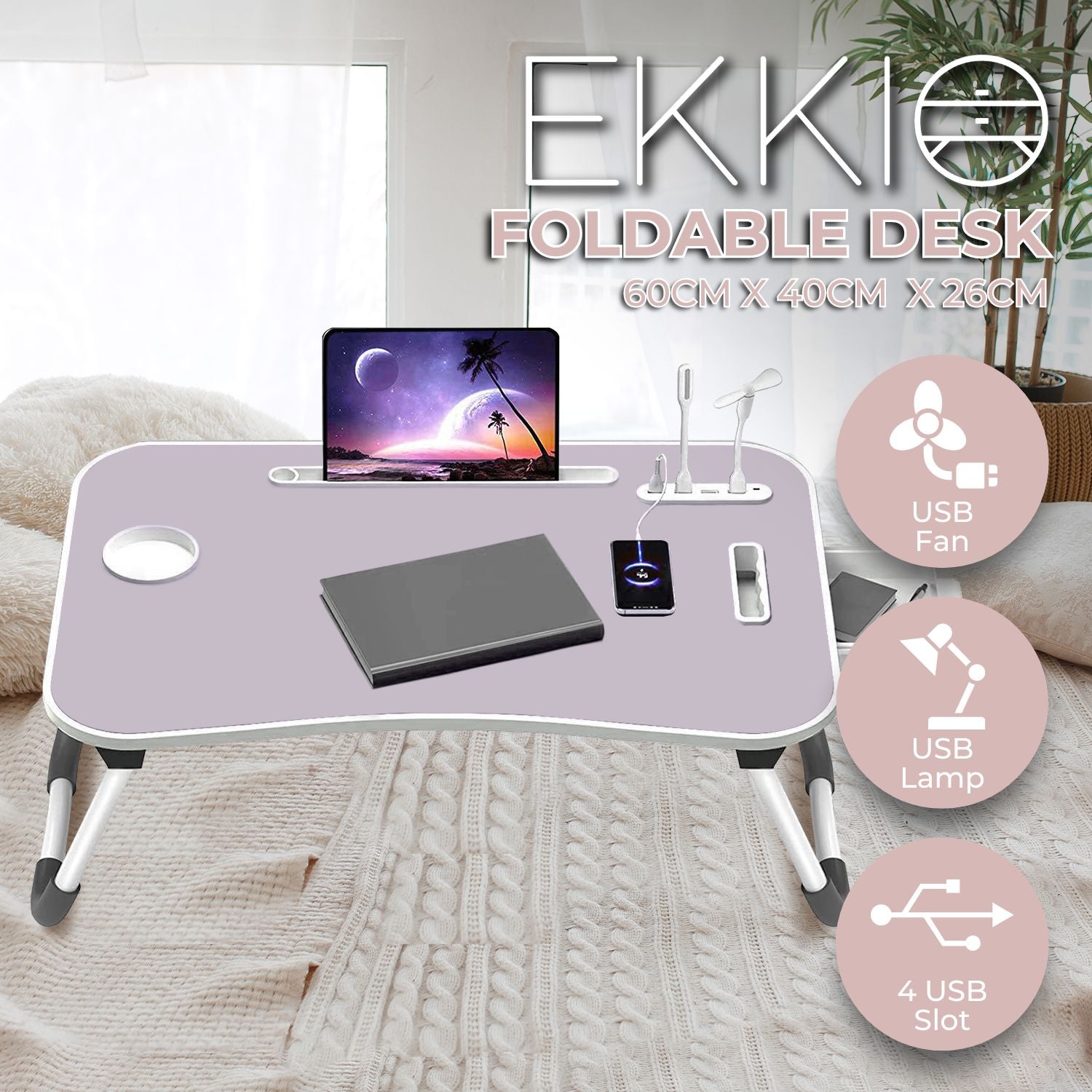 Portable Laptop Bed Desk Foldable Legs with USB Charge Port Home Office White