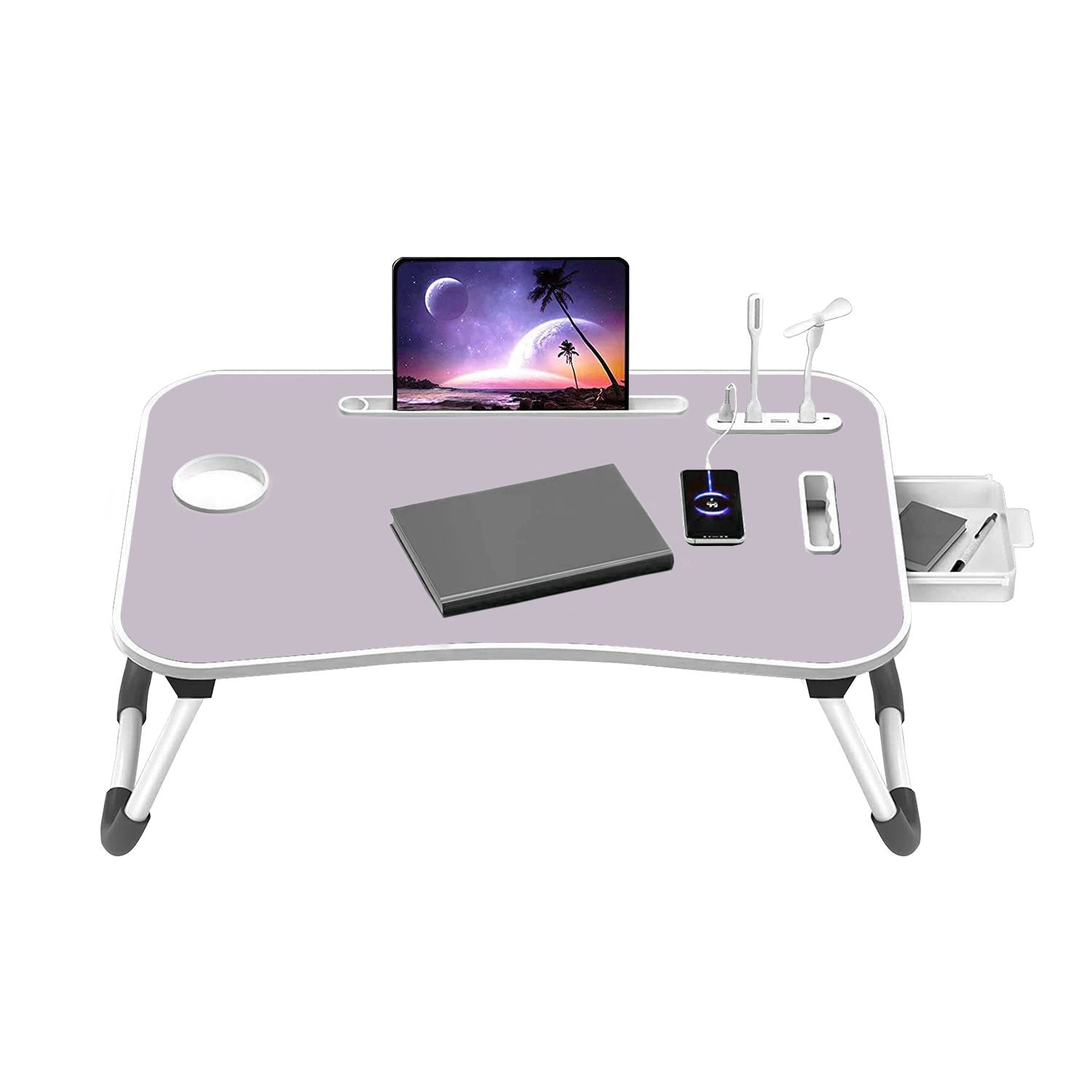 Portable Laptop Bed Desk Foldable Legs with USB Charge Port Home Office White
