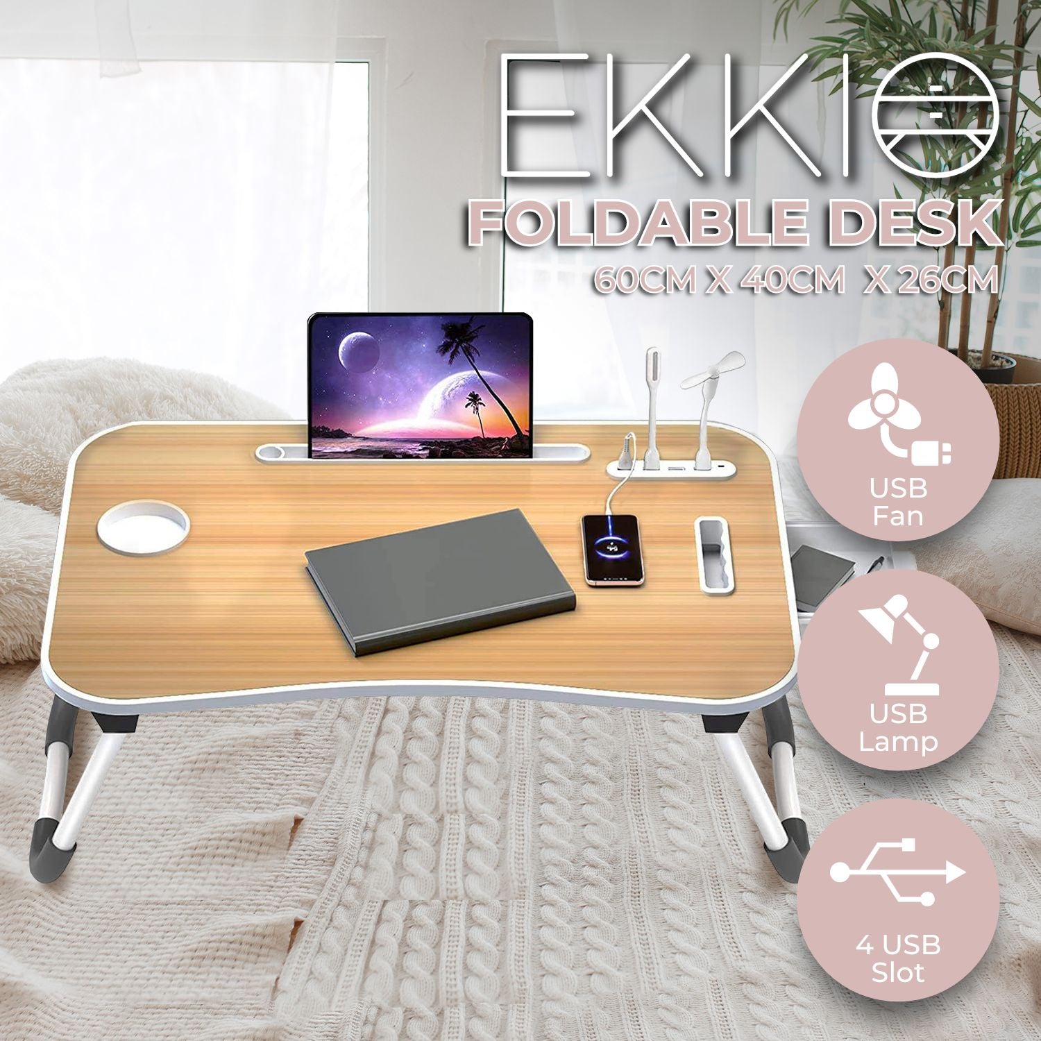 Multifunctional Portable Bed Tray Laptop Desk with USB Charge Port (burlywood)