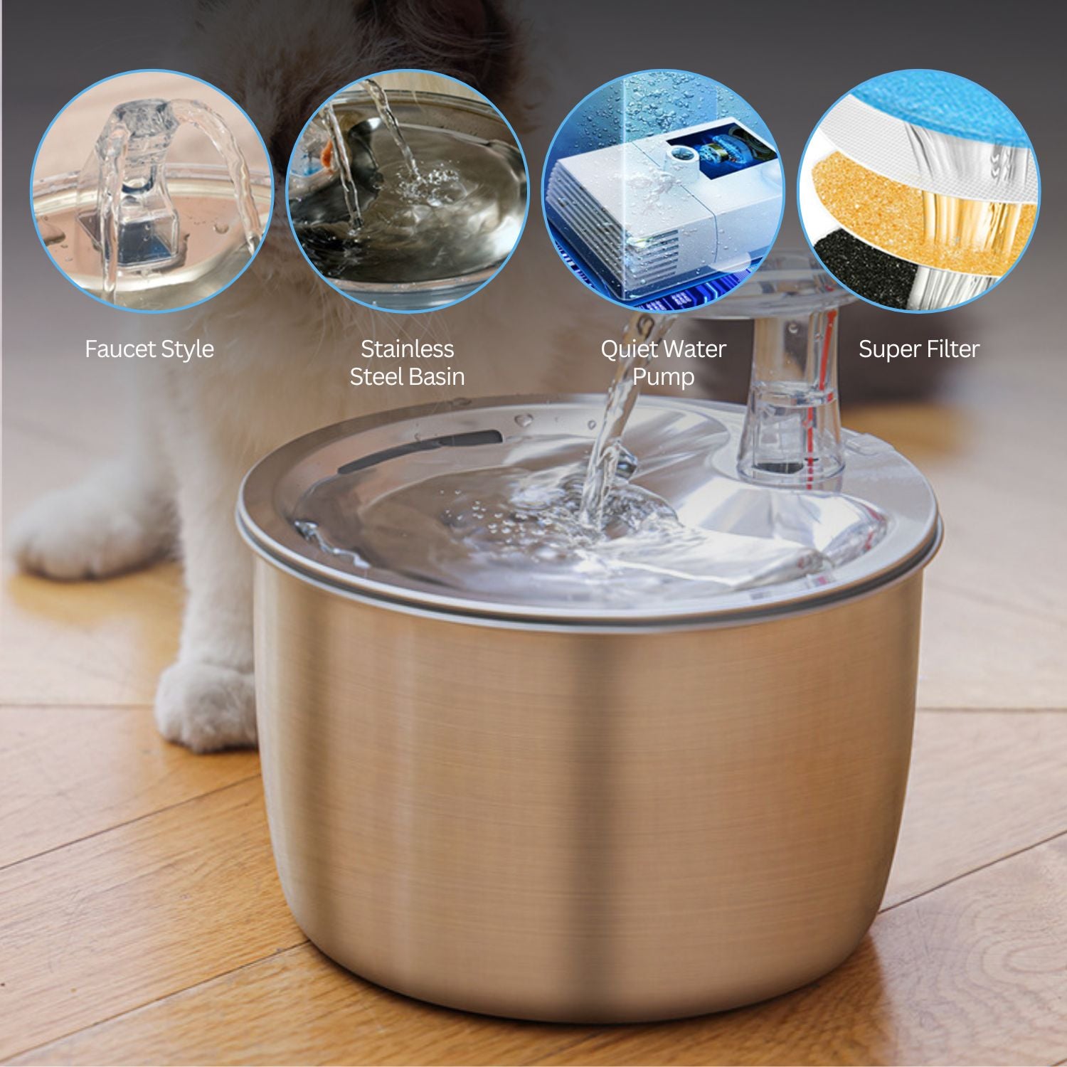 2L Stainless Steel Pet Water Fountain for Cats and Small Dogs FI-WD-115-FT