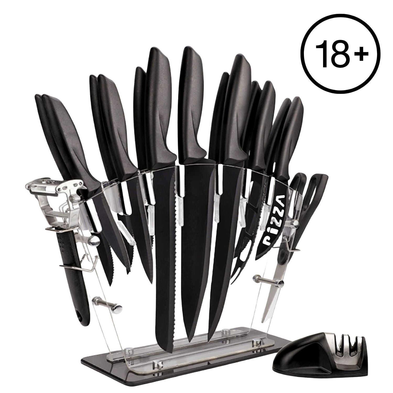 GOMINIMO 17 Piece Kitchen Knife Set with Acrylic Knife Block (Black and Transparent)