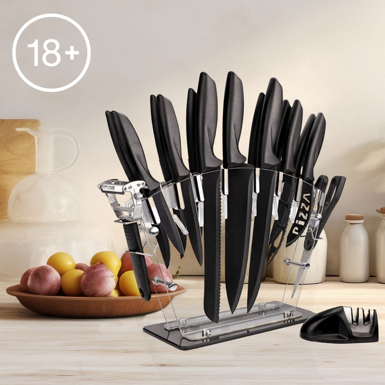 GOMINIMO 17 Piece Kitchen Knife Set with Acrylic Knife Block (Black and Transparent)