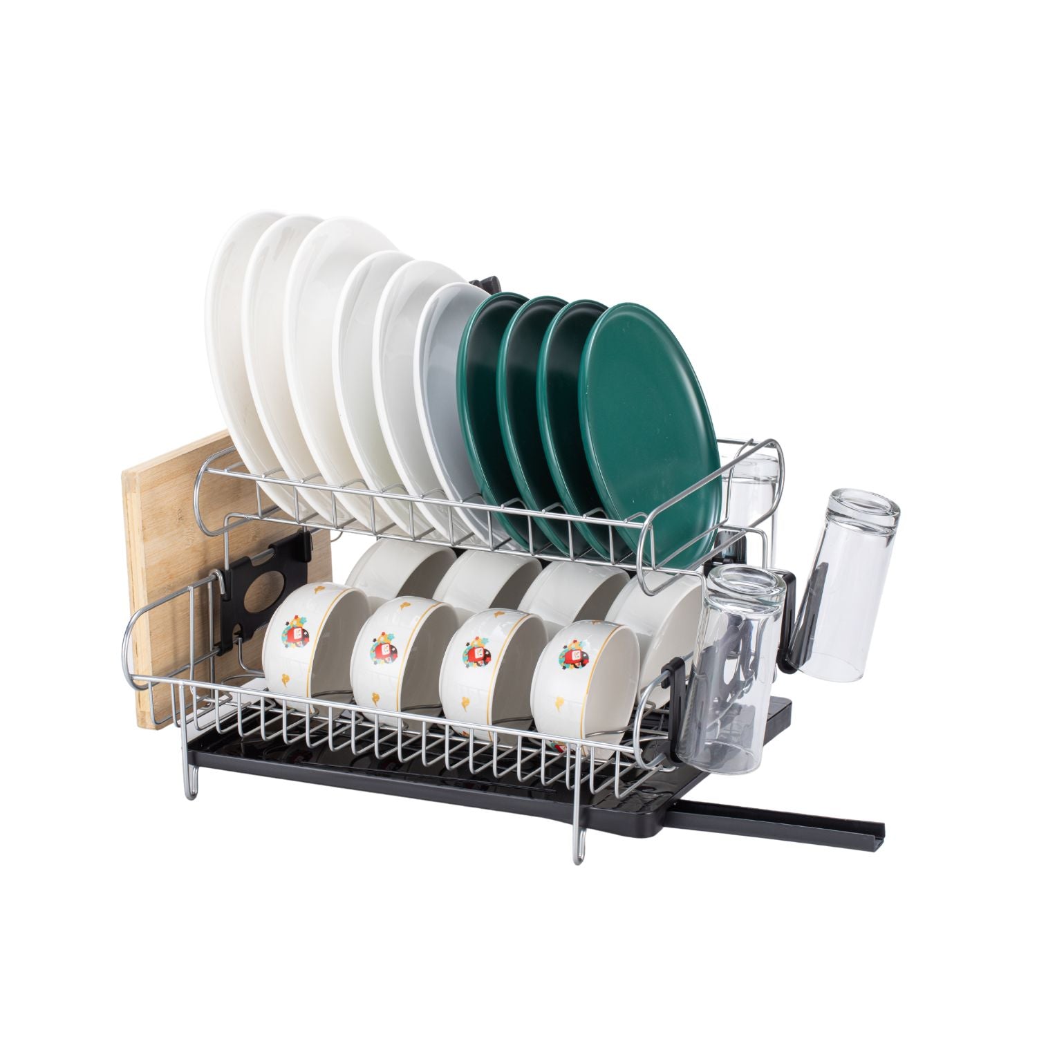 GOMINIMO 2-Tier Dish Drying Rack with Draining Board and Cup Holder