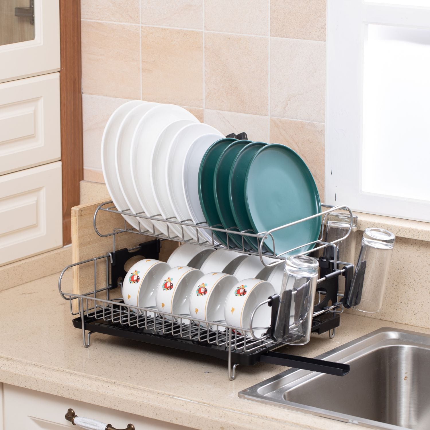 2-Tier Dish Drying Rack with Draining Board and Cup Holder GO-DR-100-YH