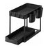 GOMINIMO 2 Packs 2-Tier Under Sink Organizer Shelf with 8 Hanging Hooks and 2 Cup Holders (Black)