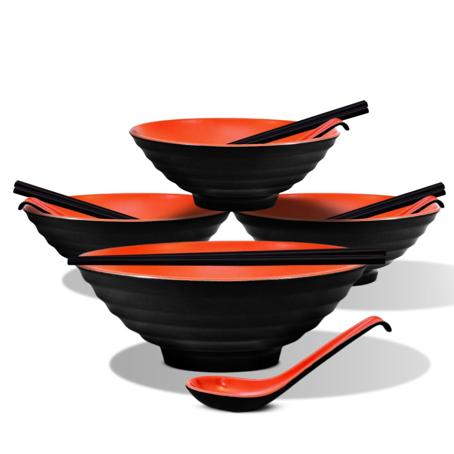4 Sets (12 Piece) Noodle Soup Bowl Dishware with Matching Spoon and Chopsticks (Red and Black) GO-BWL-100-JH