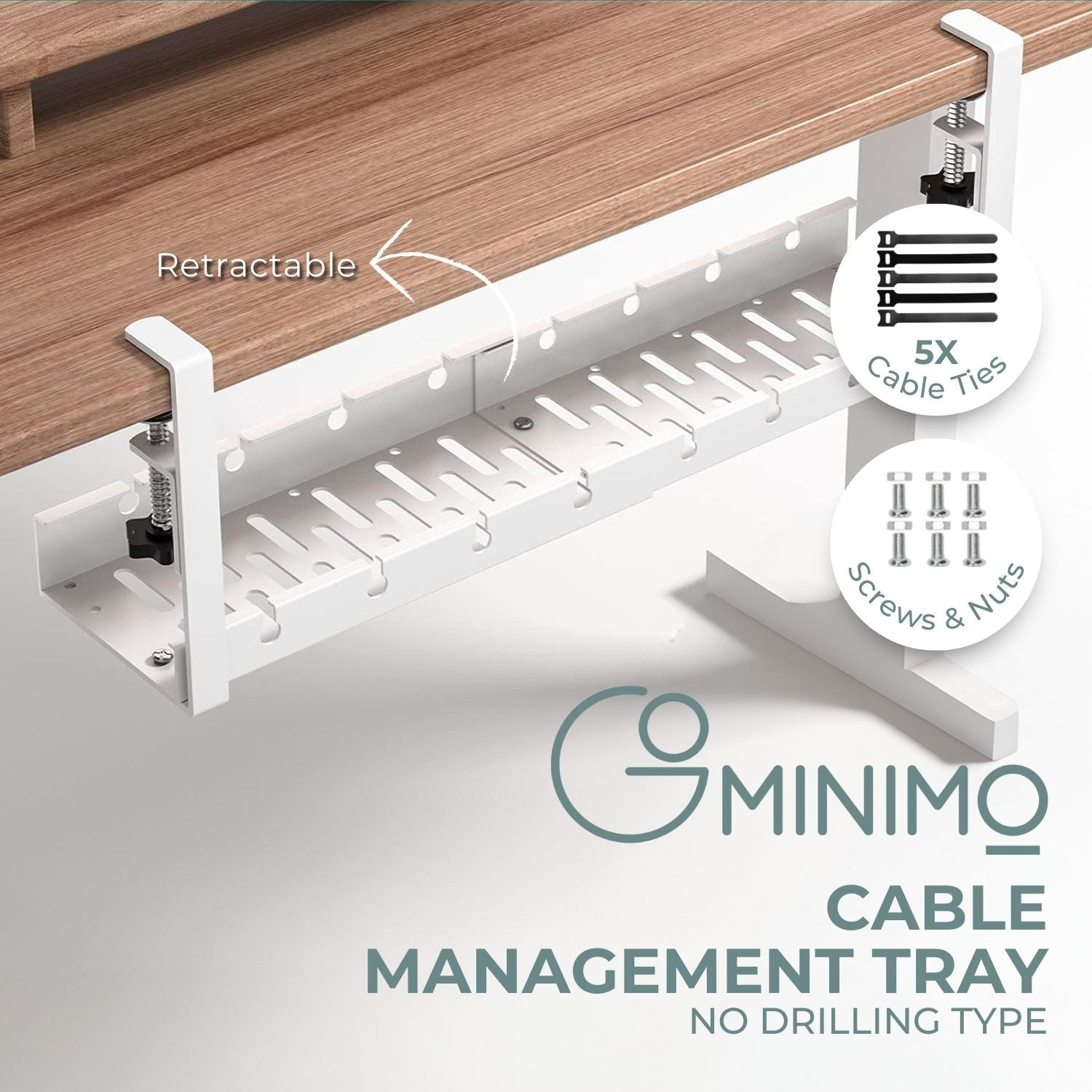 GOMINIMO Retractable Cable Management Tray- No Drilling Type (White)