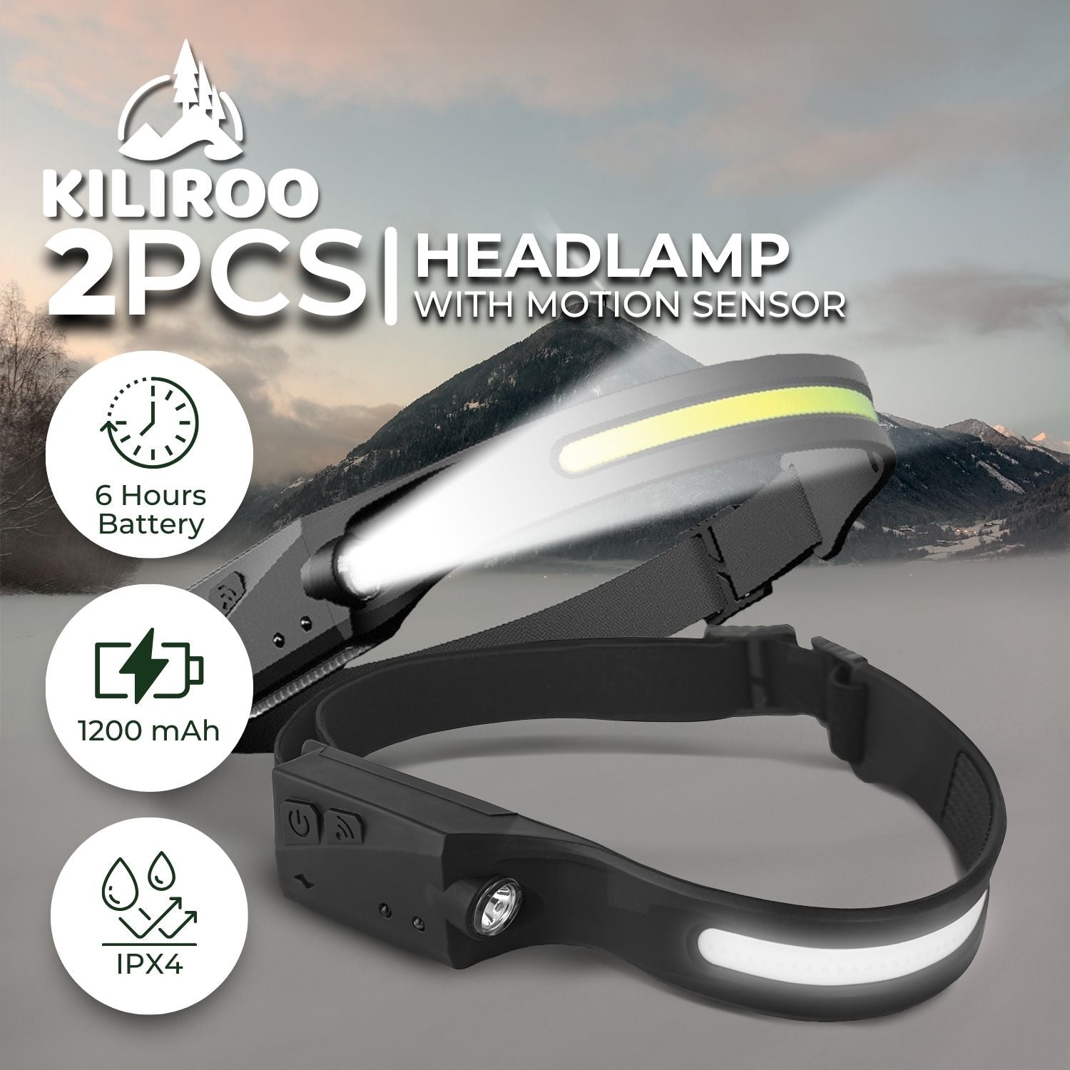 KILIROO 2PCS LED Rechargeable Headlamp with Motion Sensor (Black and Yellow)