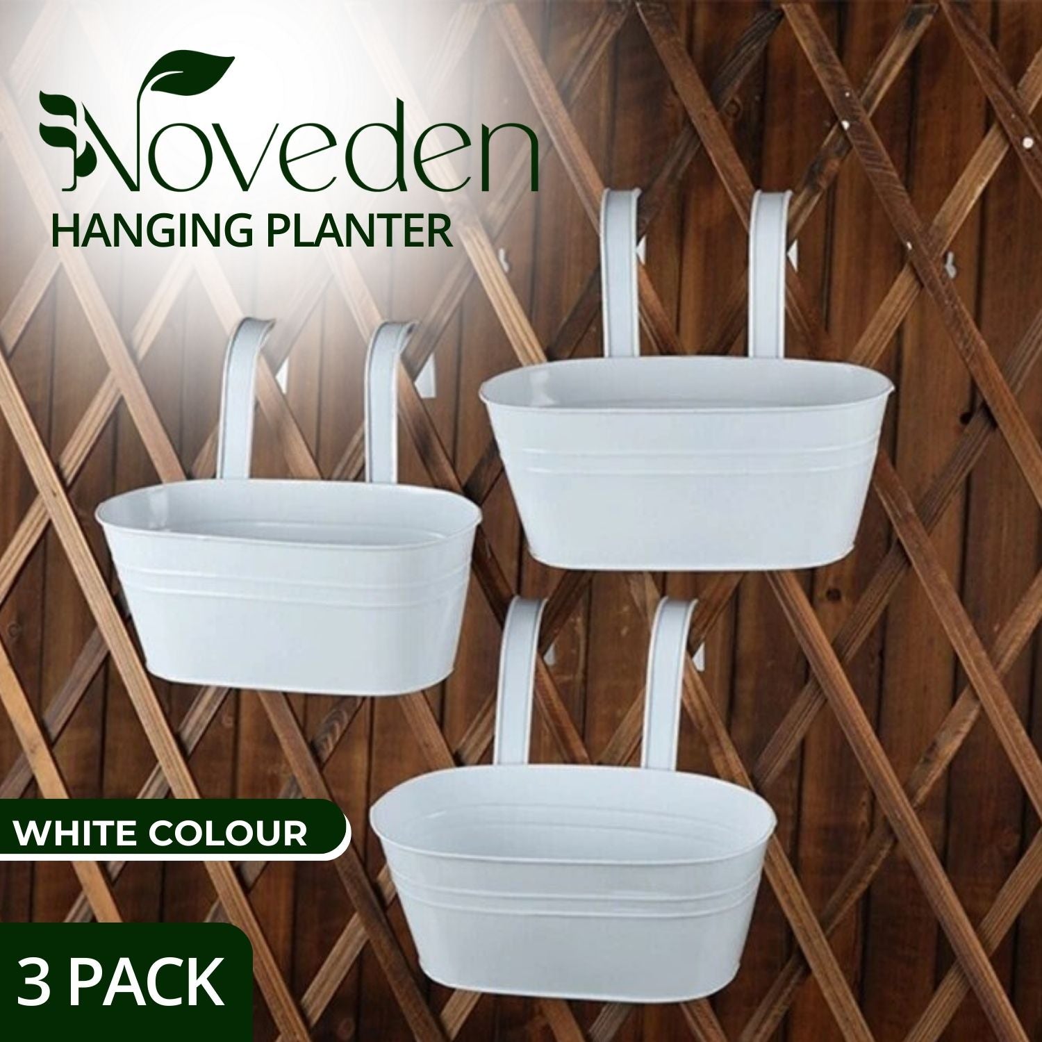 NOVEDEN 3 Pack Metal Iron Hanging Flower Pots with Detachable Hooks (White)
